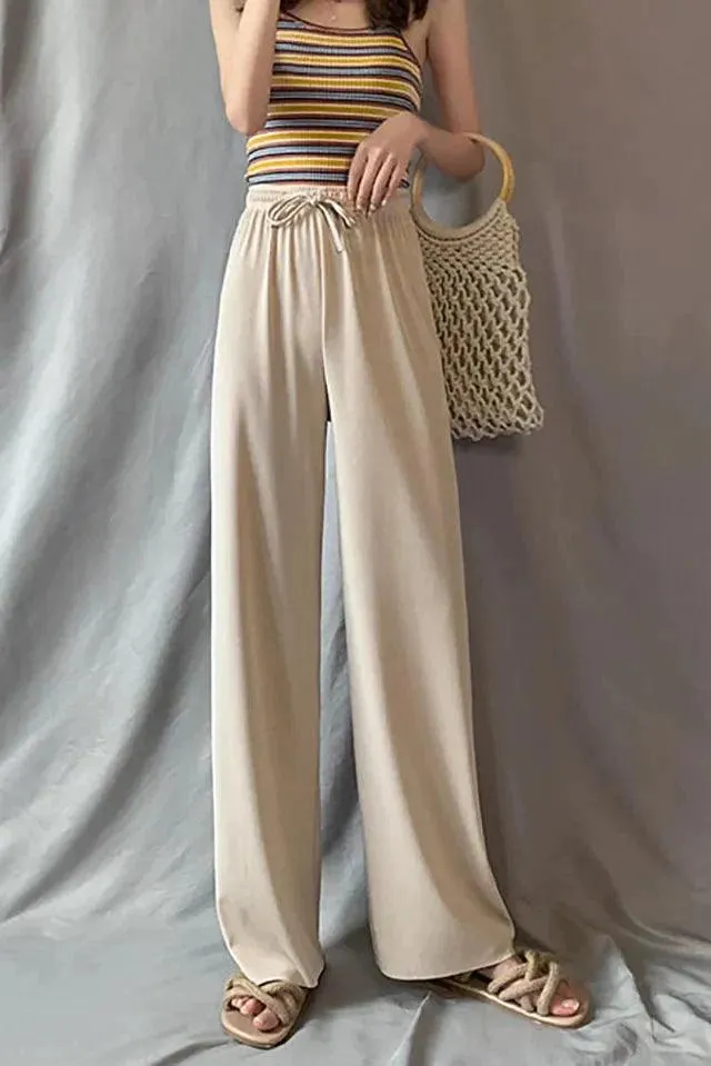 Fashion Ice Silk Wide Leg Pants for Girls | High Waist Elastic Thin Straight Pants, Summer Loose and Versatile