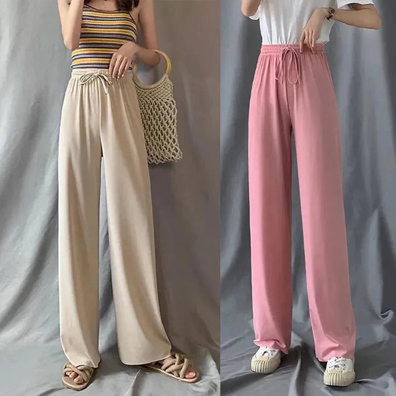 Fashion Ice Silk Wide Leg Pants for Girls | High Waist Elastic Thin Straight Pants, Summer Loose and Versatile