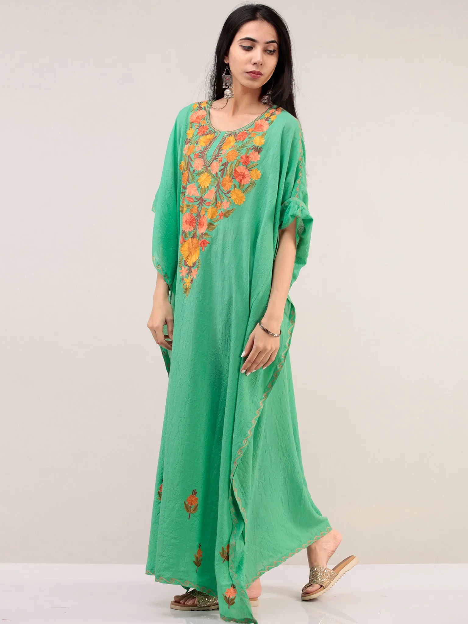 Green Aari Embroidered Kashmere Free Size Kaftan  - K12K071