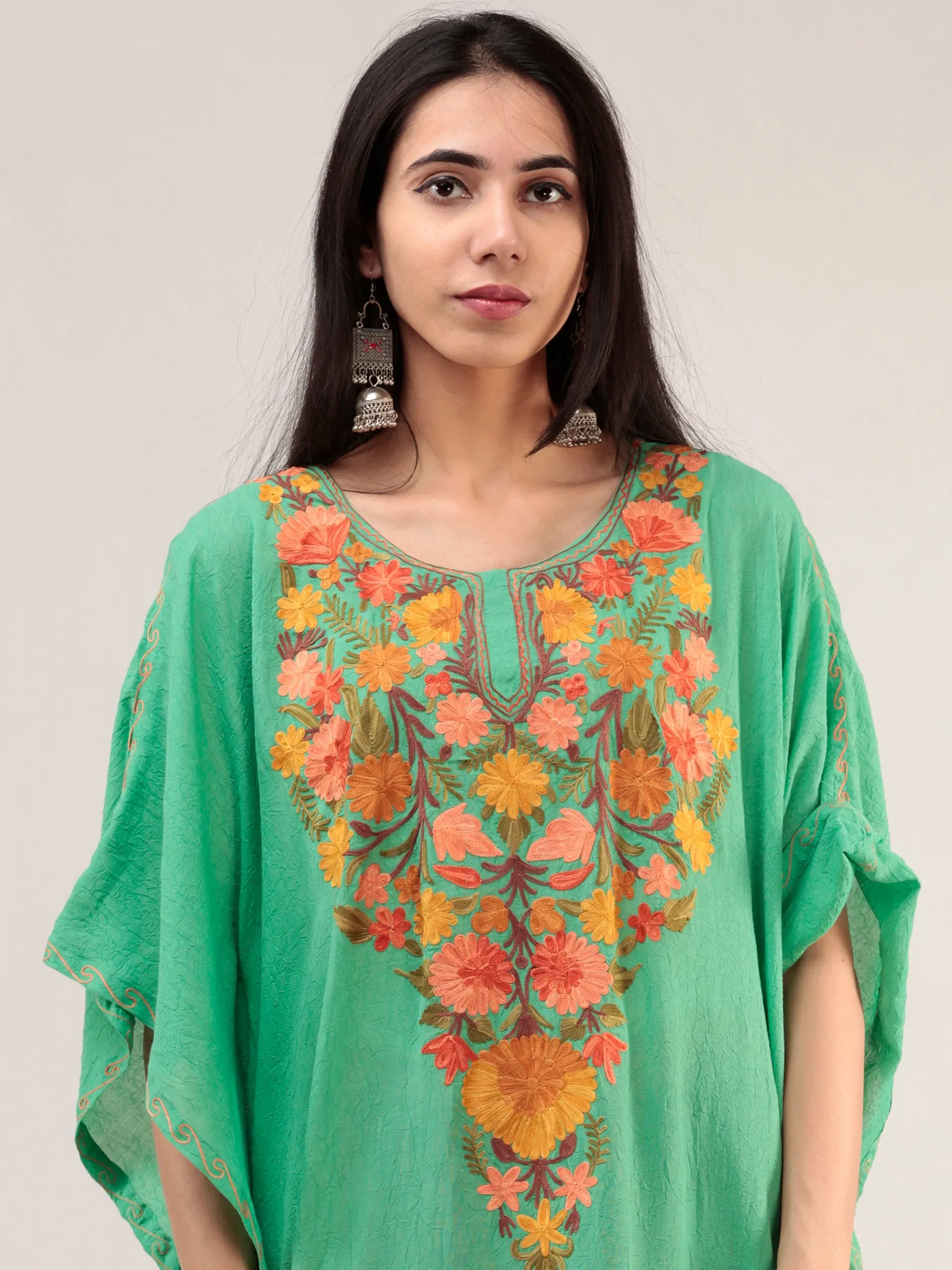 Green Aari Embroidered Kashmere Free Size Kaftan  - K12K071