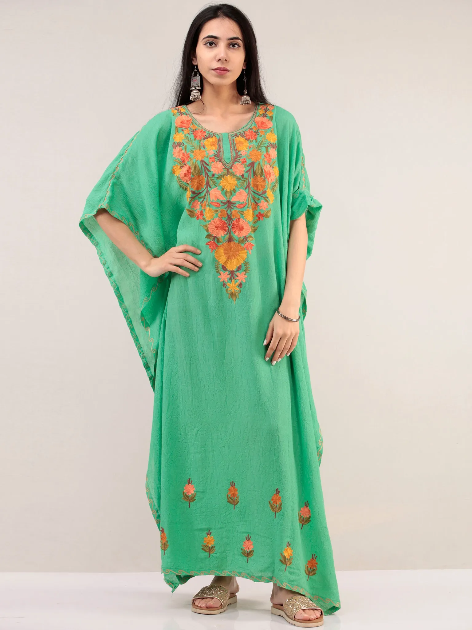 Green Aari Embroidered Kashmere Free Size Kaftan  - K12K071