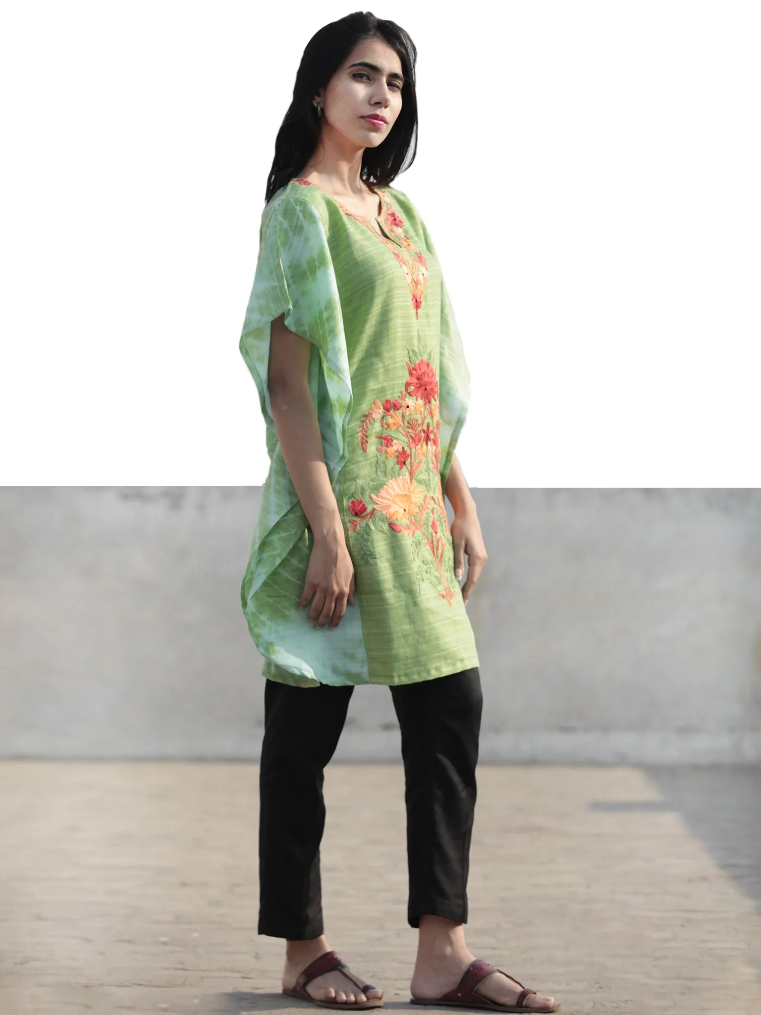 Green Red Orange Aari Embroidered Short Kashmere Kaftan  - K11K044