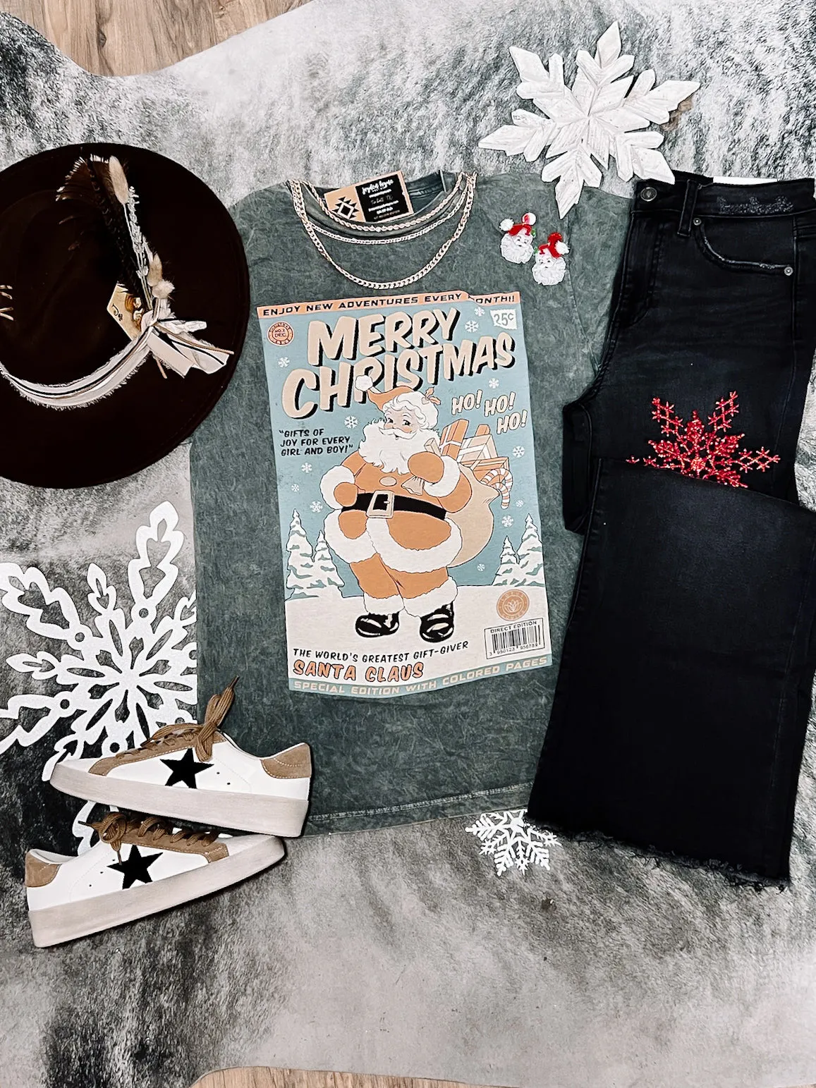 Grey Mineral Wash Christmas Santa Graphic Tee