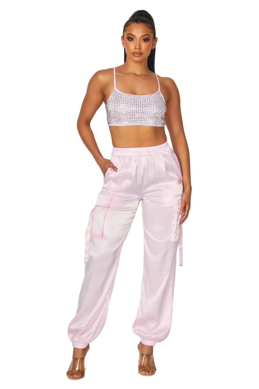 Hot & Delicious Women's My Life Rhinestone Satin Cargo Jogger