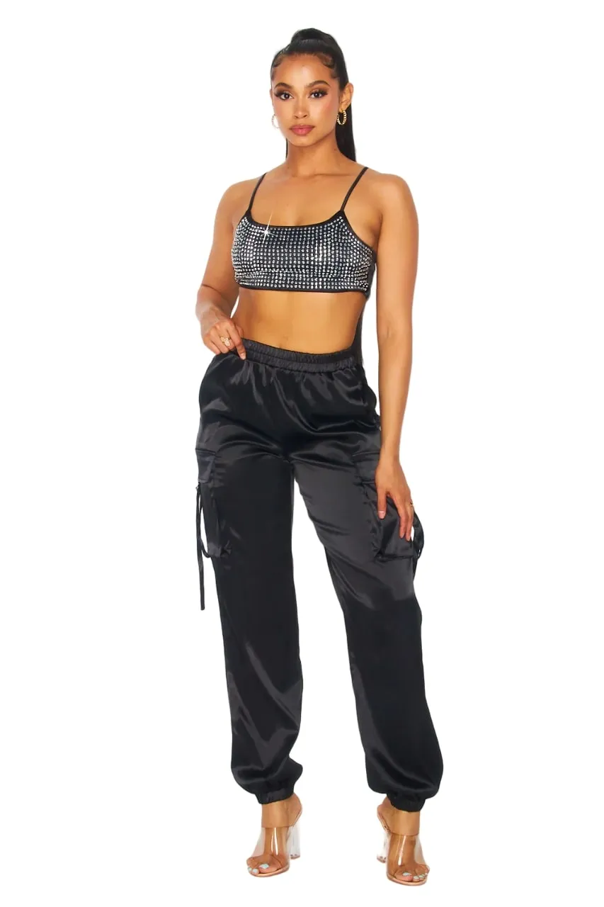 Hot & Delicious Women's My Life Rhinestone Satin Cargo Jogger