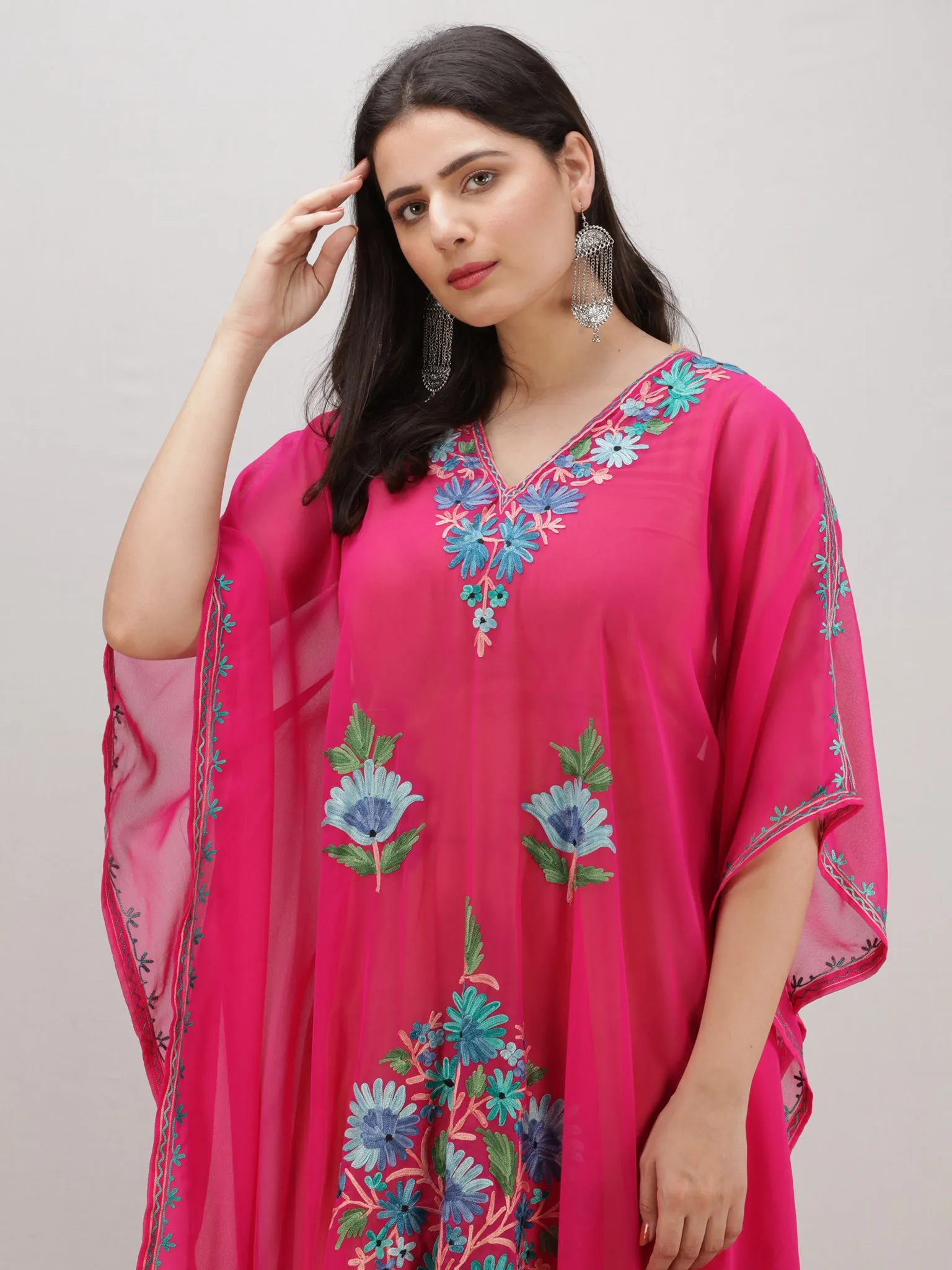 Hot Pink Multicolor Aari Embroidered Kashmere Free Size Georgette Kaftan  - K12K012