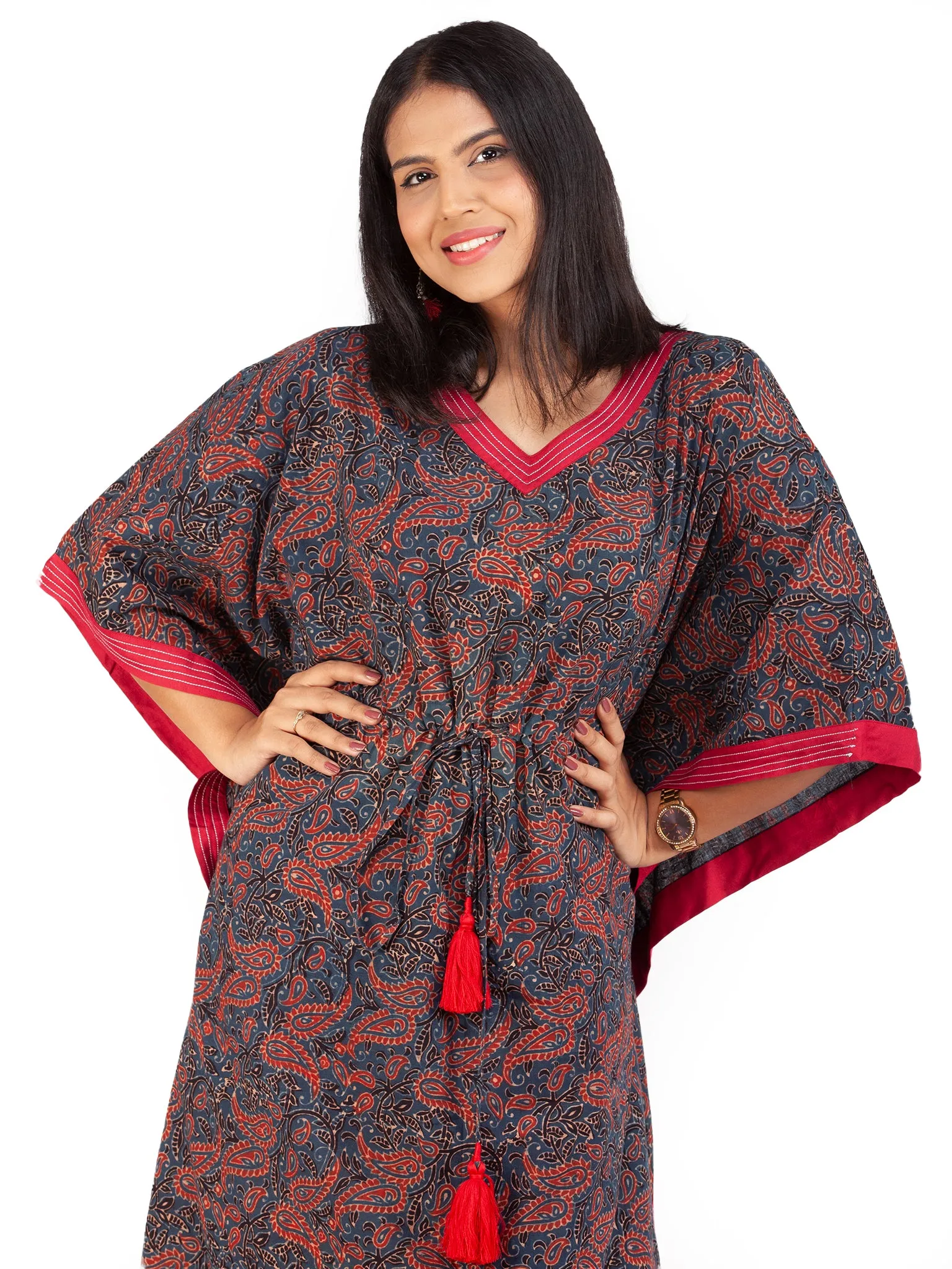 Indigo Red Ajrakh Hand Block Printed Kaftan - K142F1803