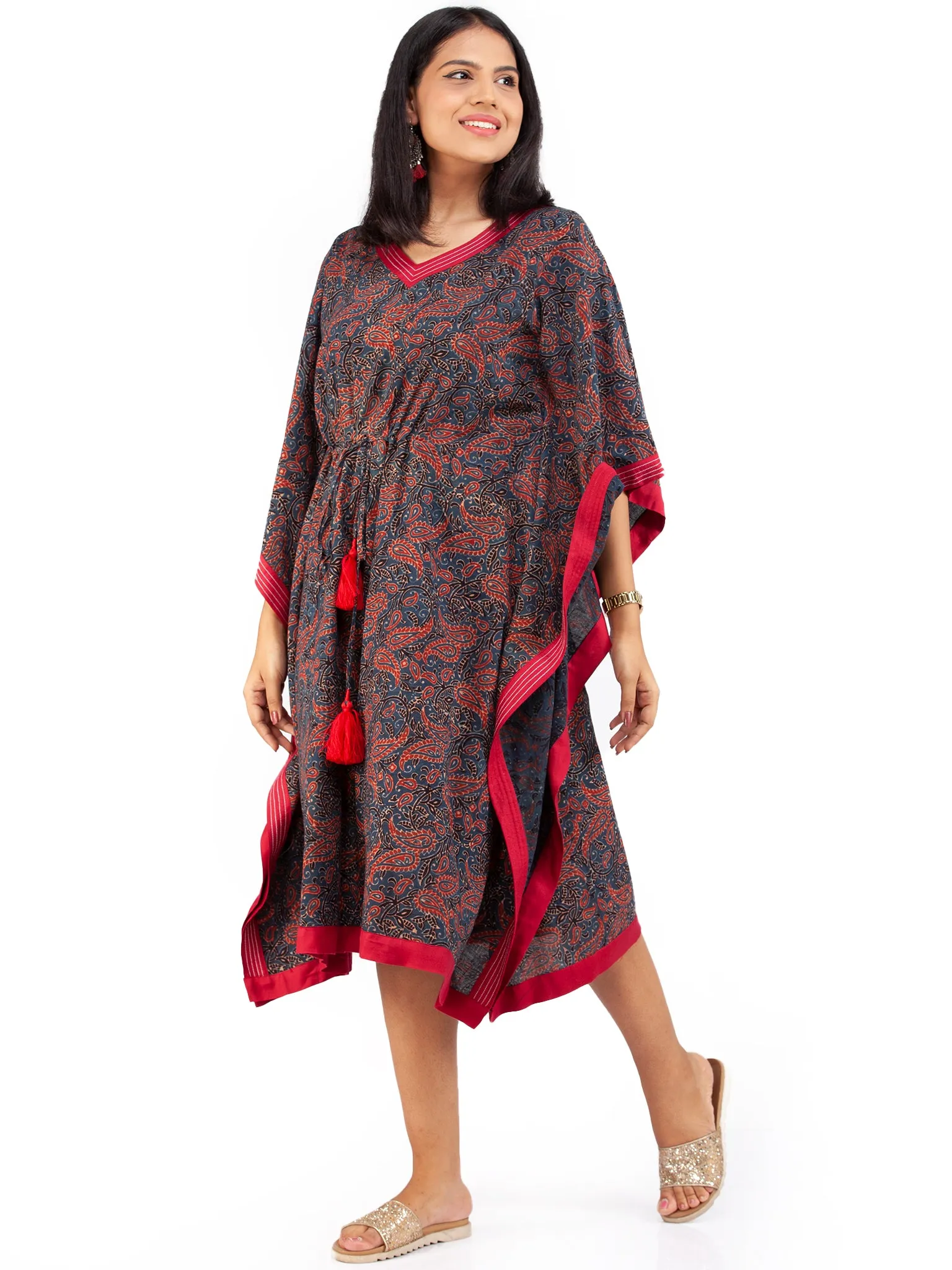 Indigo Red Ajrakh Hand Block Printed Kaftan - K142F1803