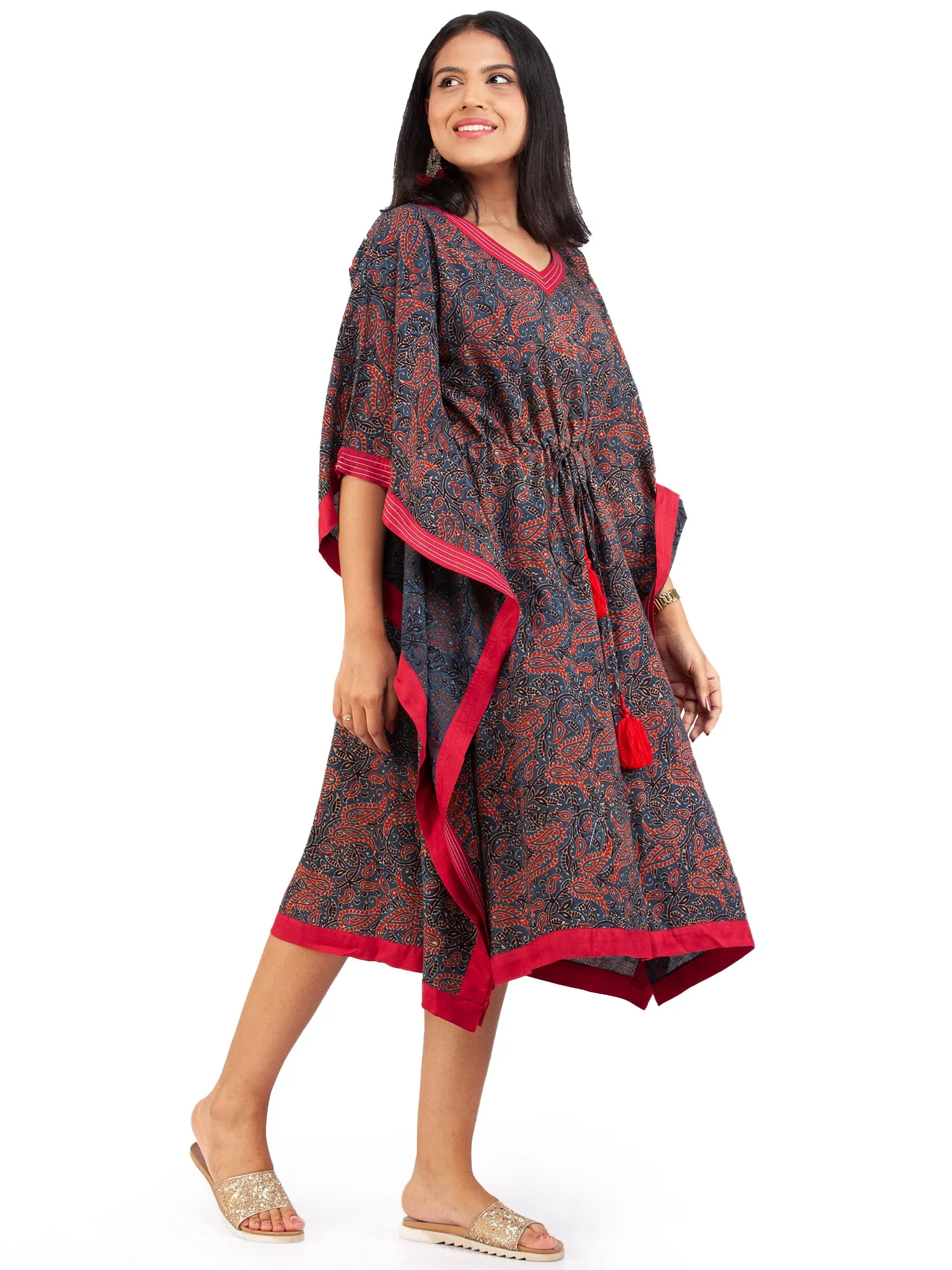 Indigo Red Ajrakh Hand Block Printed Kaftan - K142F1803