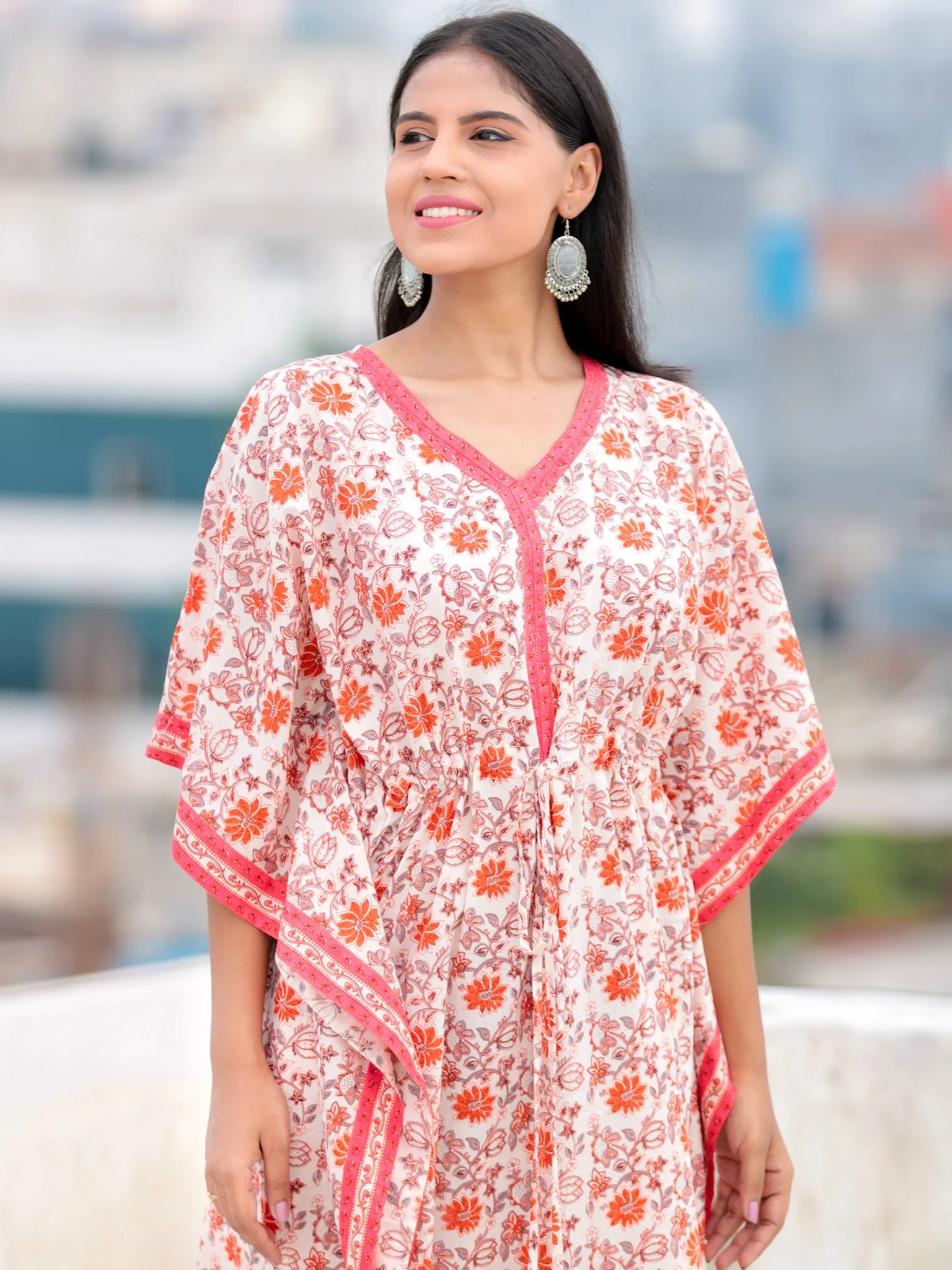 Ivory Orange Grey Hand Block Printed Kaftan - K001F1990