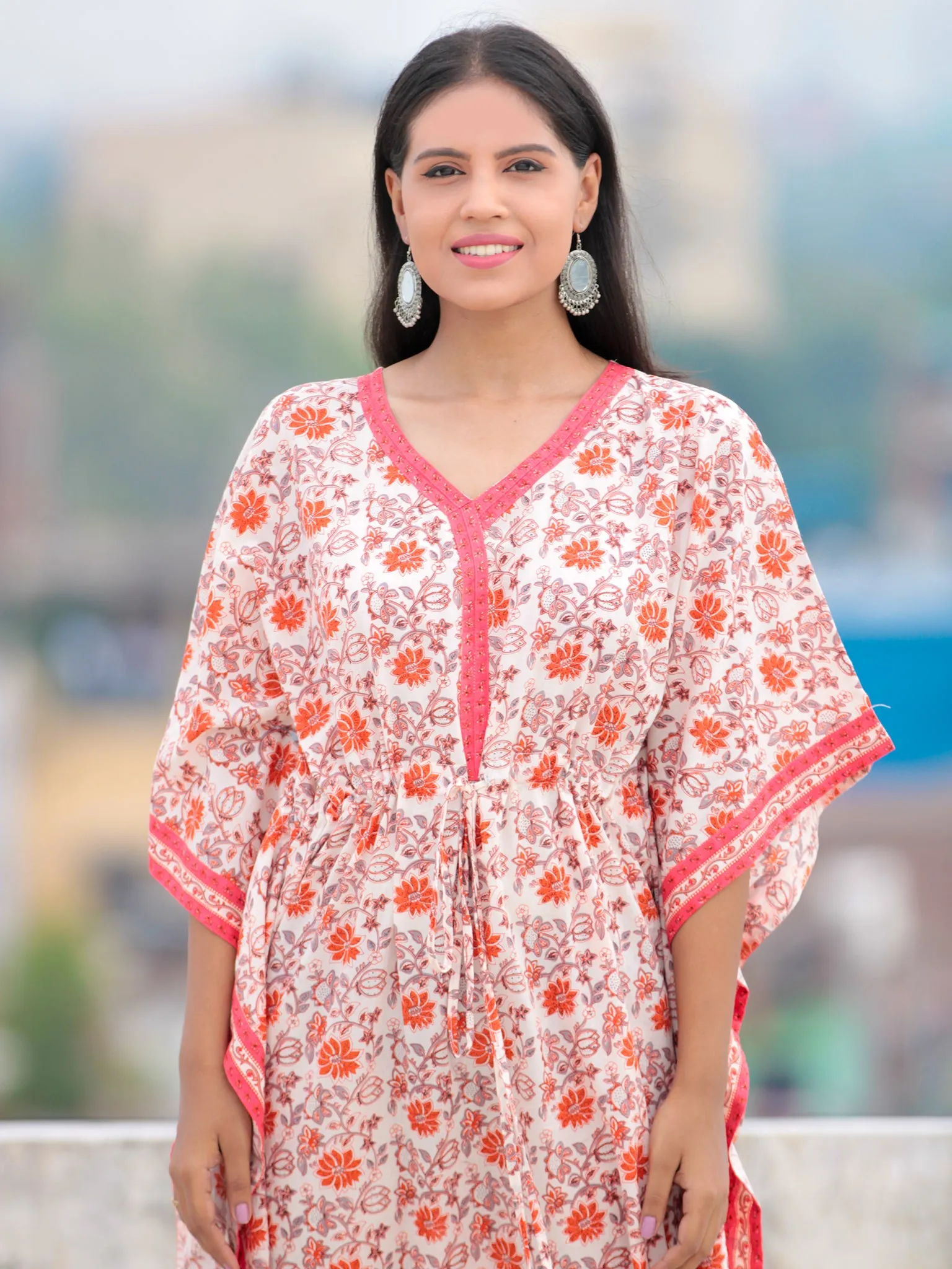 Ivory Orange Grey Hand Block Printed Kaftan - K001F1990