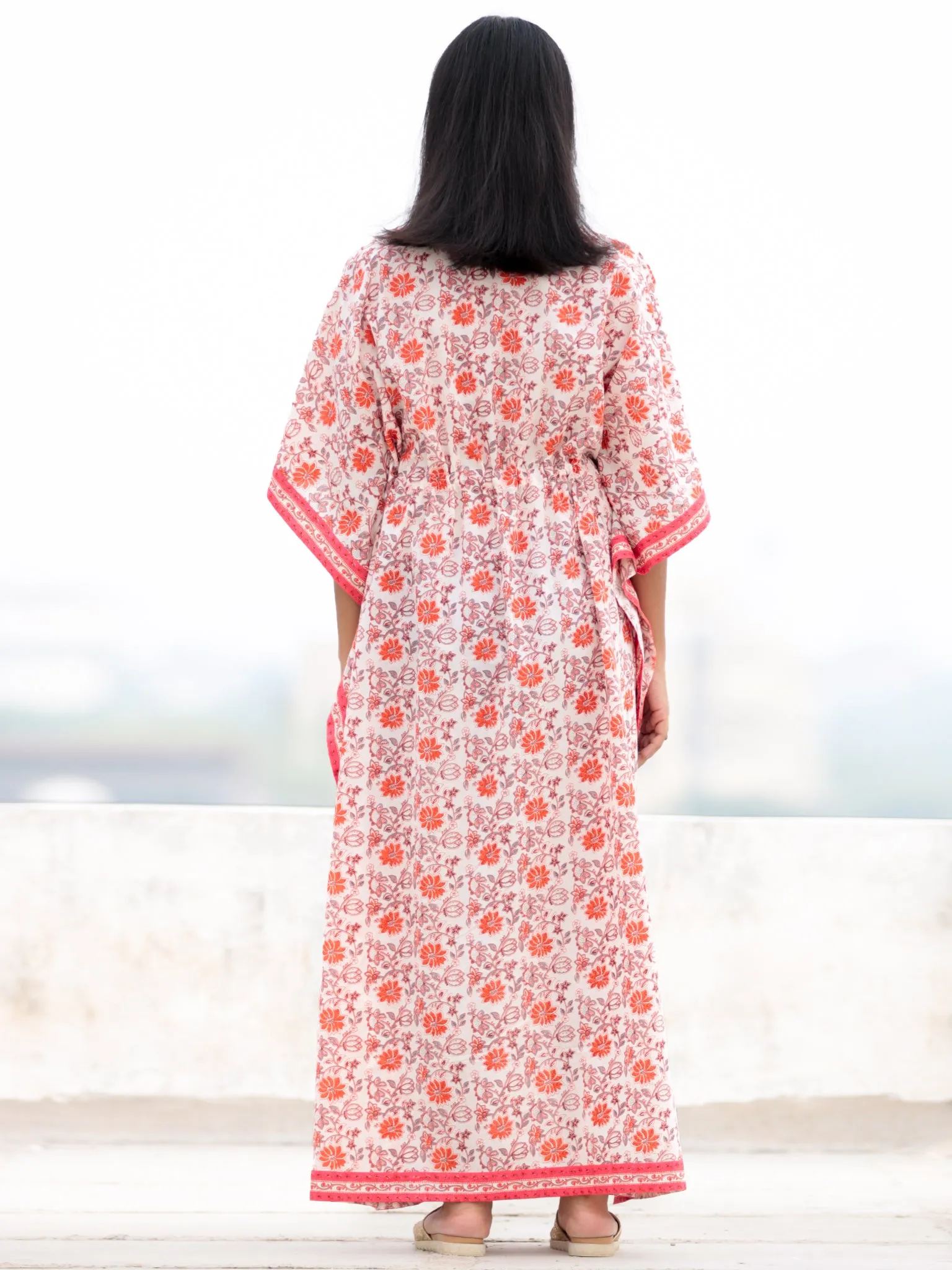 Ivory Orange Grey Hand Block Printed Kaftan - K001F1990