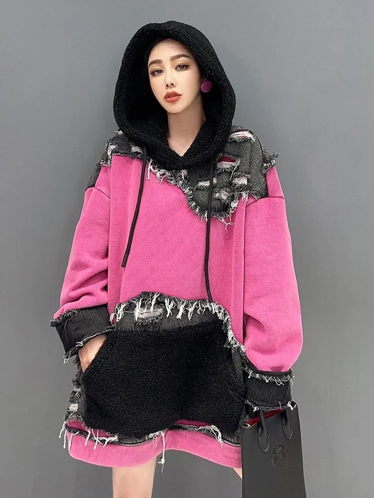 Jean Pullover Mid-Length Pink Hoodies