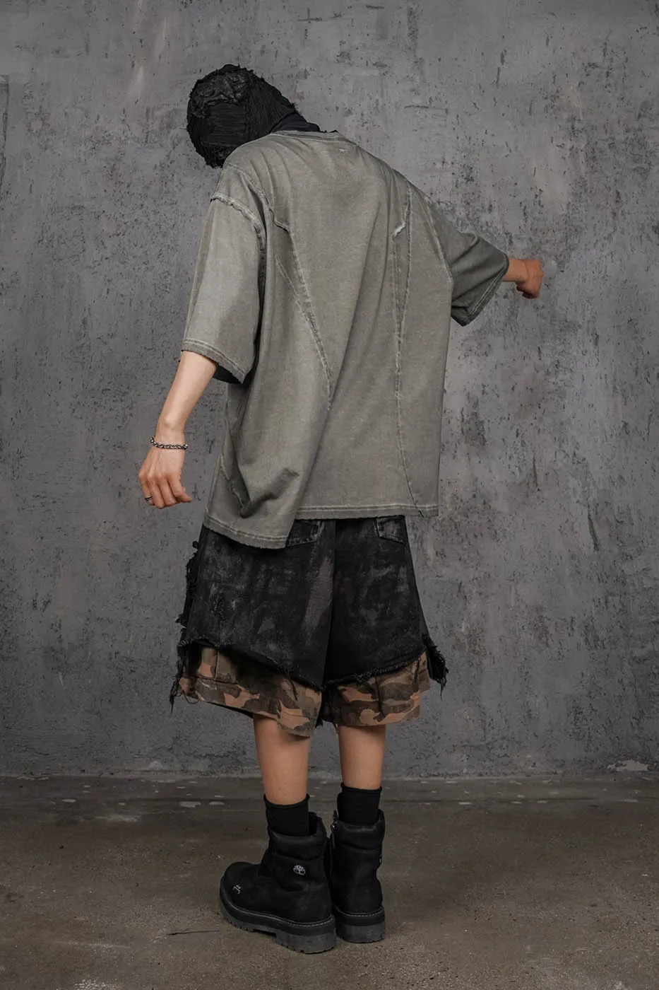 Layered Distressed Black Camo Shorts