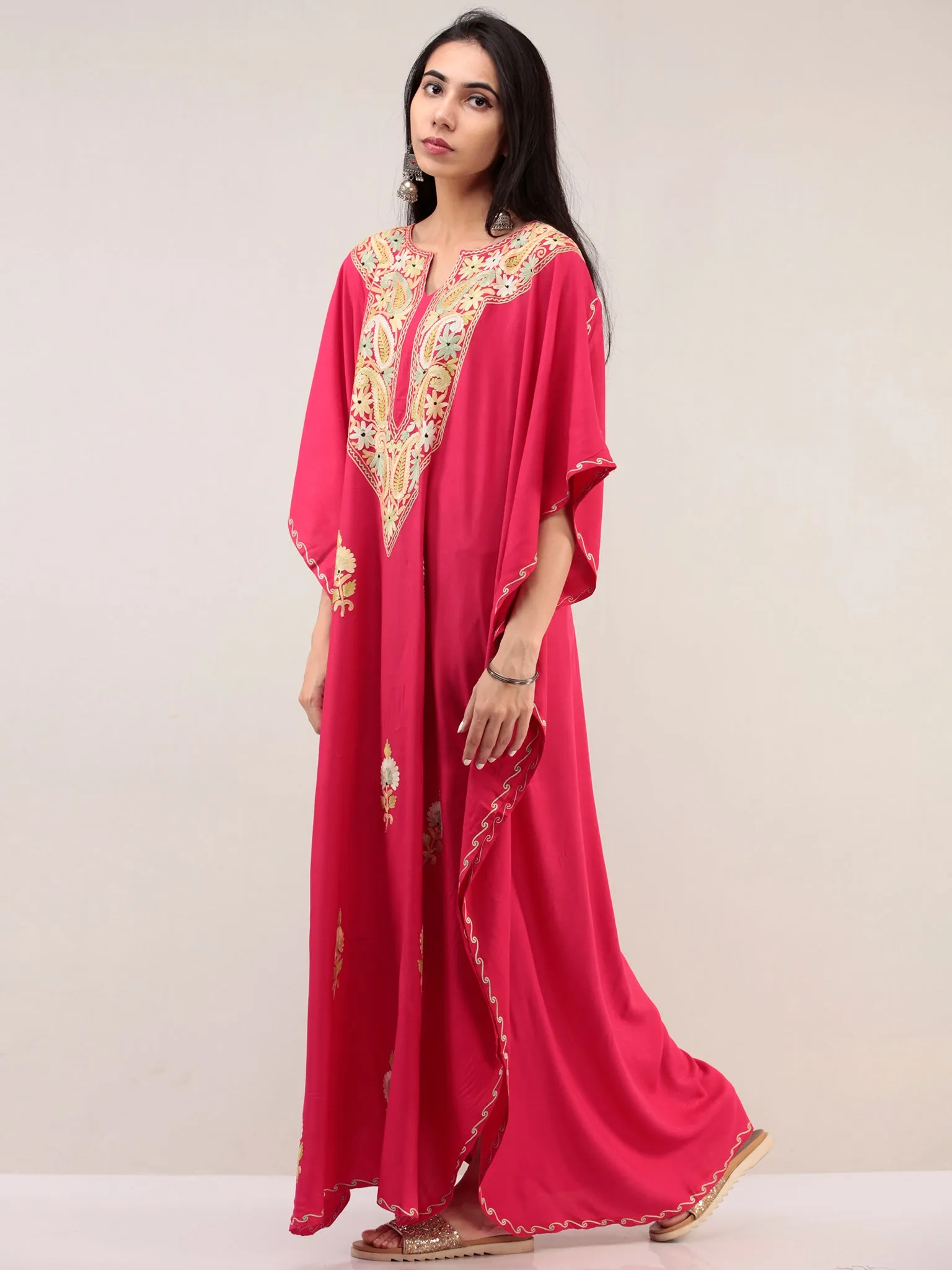 Magenta Aari Embroidered Kashmere Free Size Kaftan  - K12K053