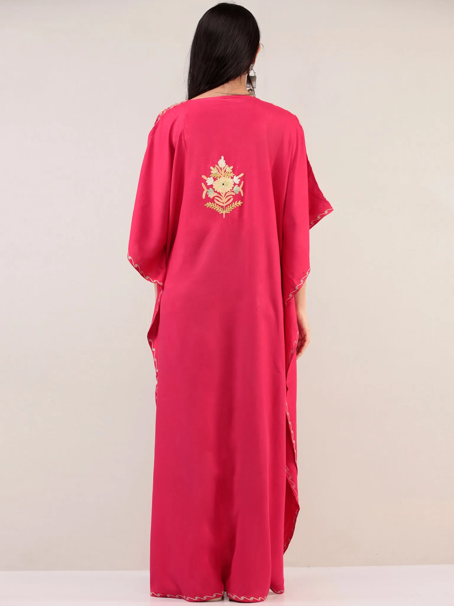 Magenta Aari Embroidered Kashmere Free Size Kaftan  - K12K053