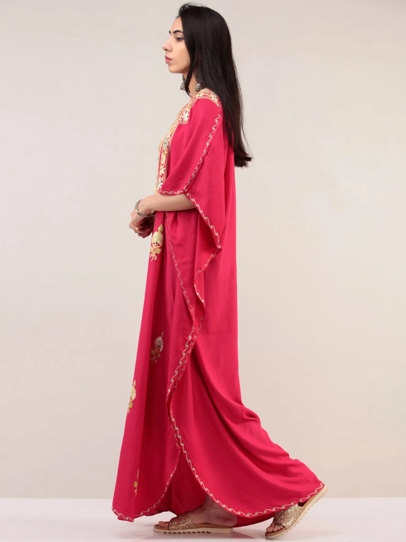 Magenta Aari Embroidered Kashmere Free Size Kaftan  - K12K053