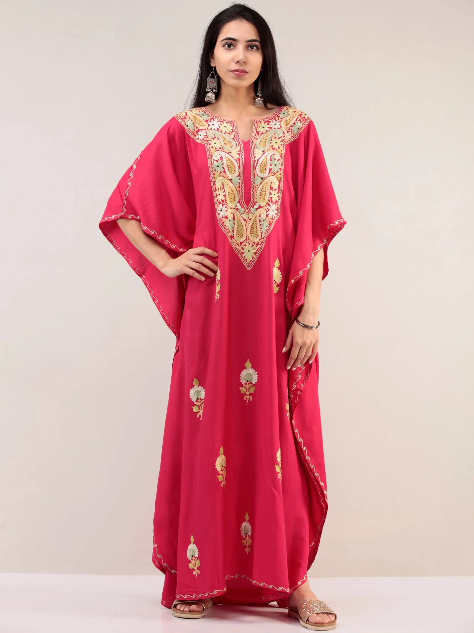 Magenta Aari Embroidered Kashmere Free Size Kaftan  - K12K053