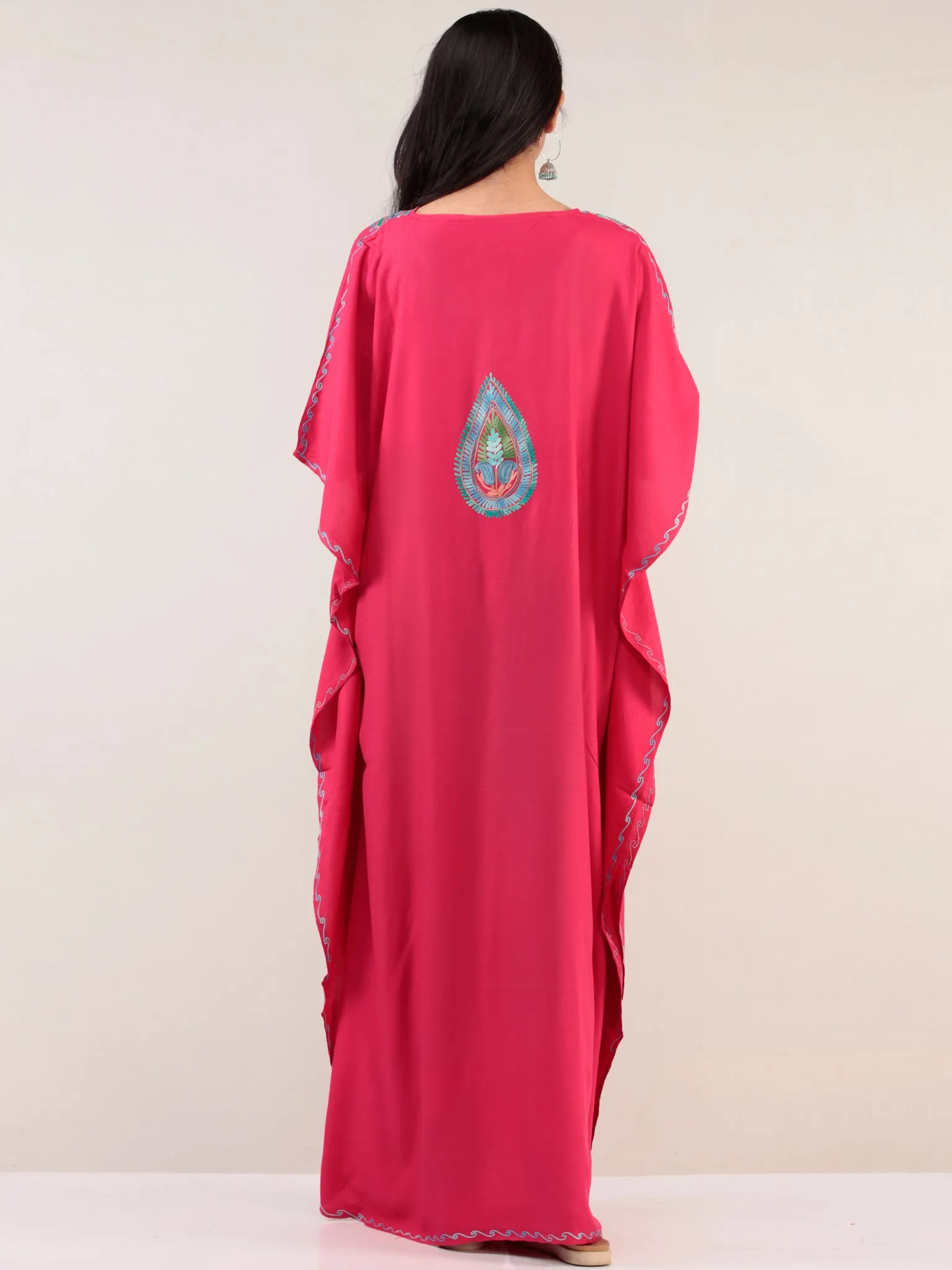 Magenta Aari Embroidered Kashmere Free Size Kaftan  - K12K057