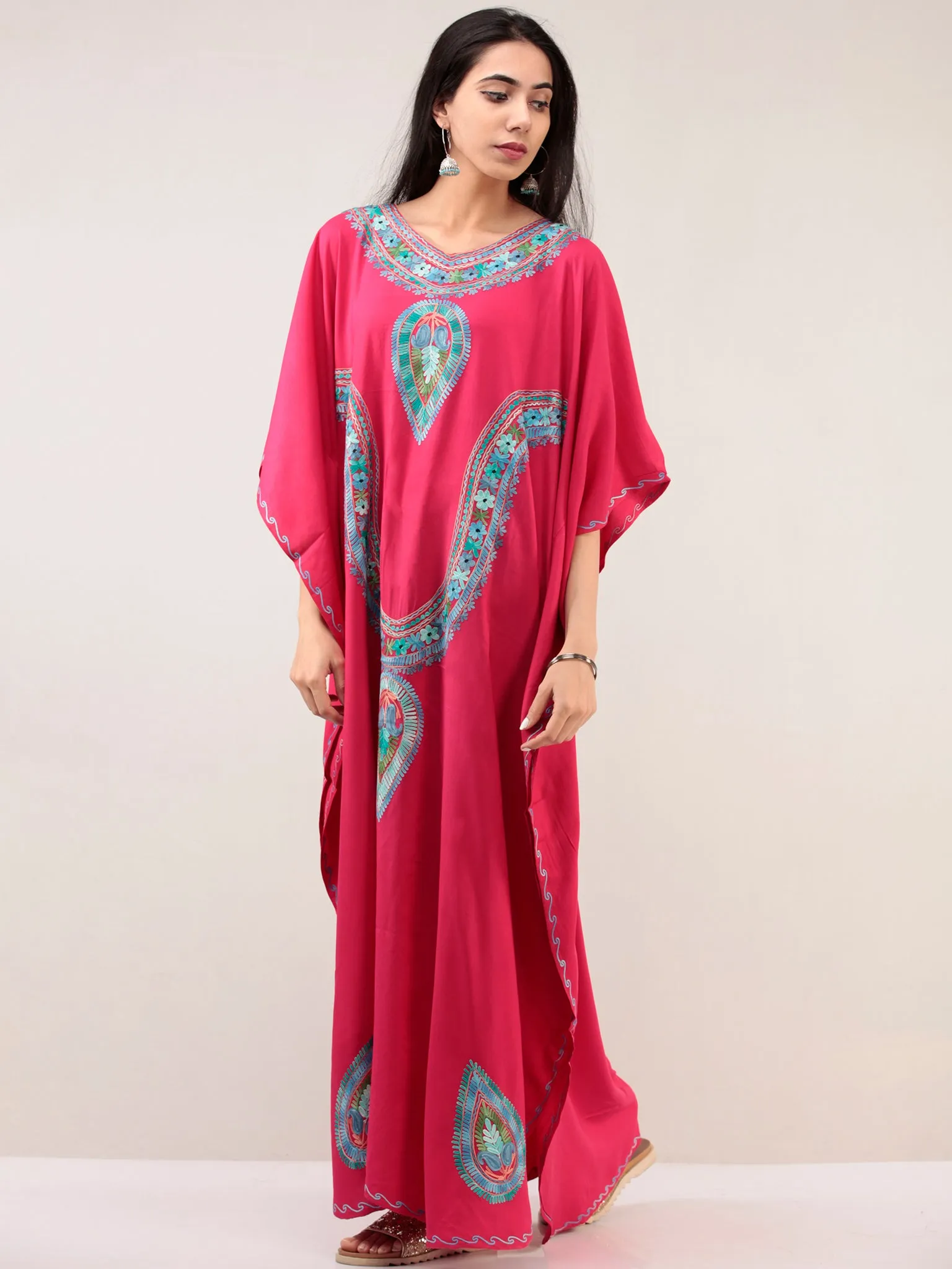 Magenta Aari Embroidered Kashmere Free Size Kaftan  - K12K057