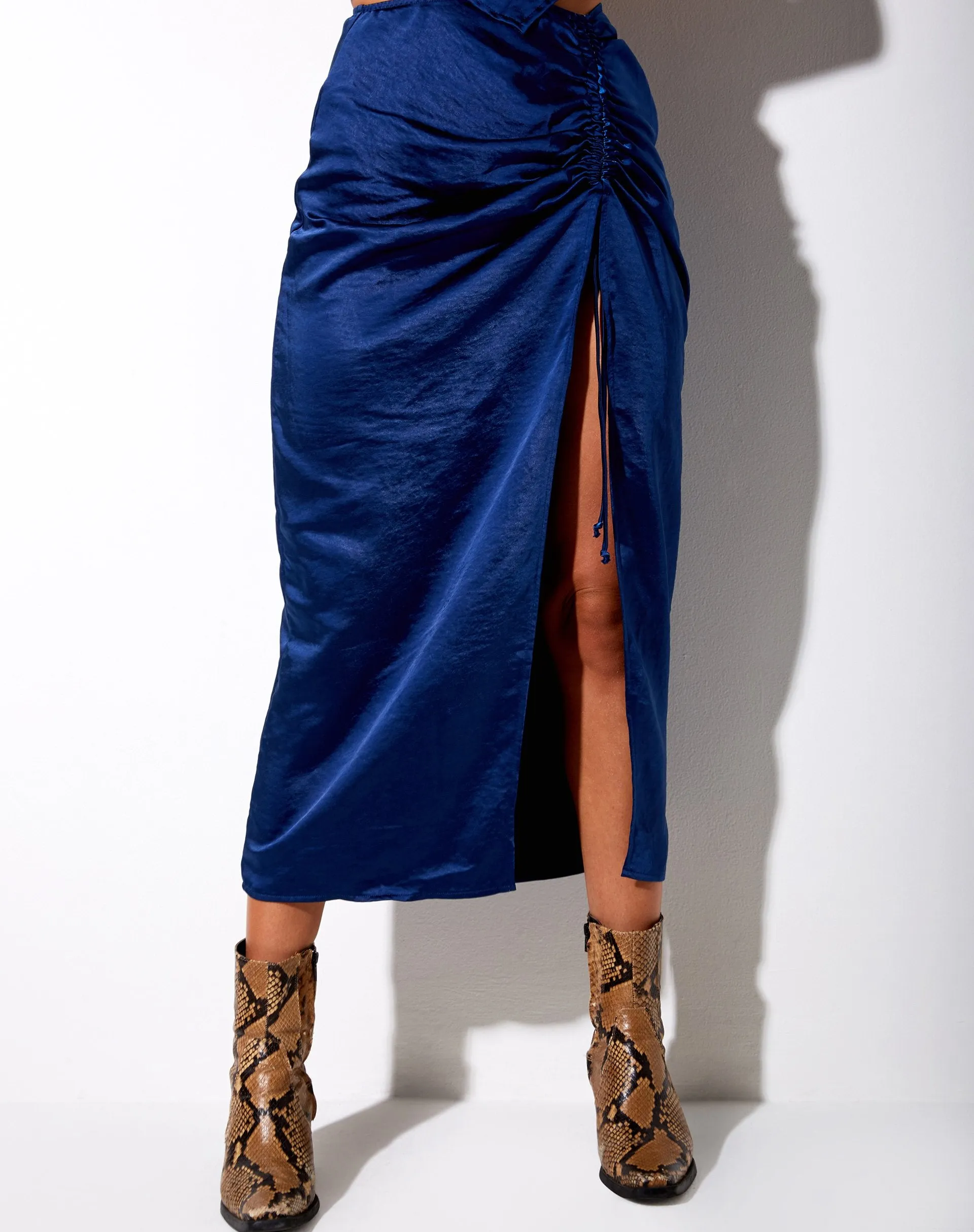 Maxel Midi Skirt in Satin Midnight Blue