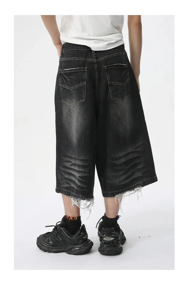 Men's Dark Denim Distressed Long Shorts