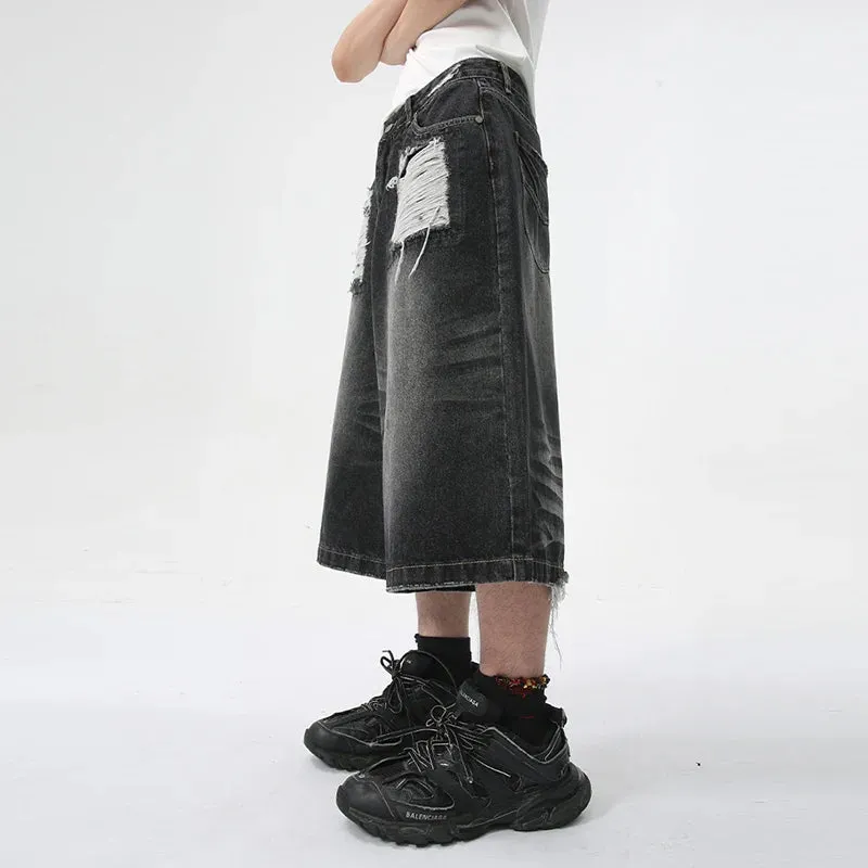 Men's Dark Denim Distressed Long Shorts