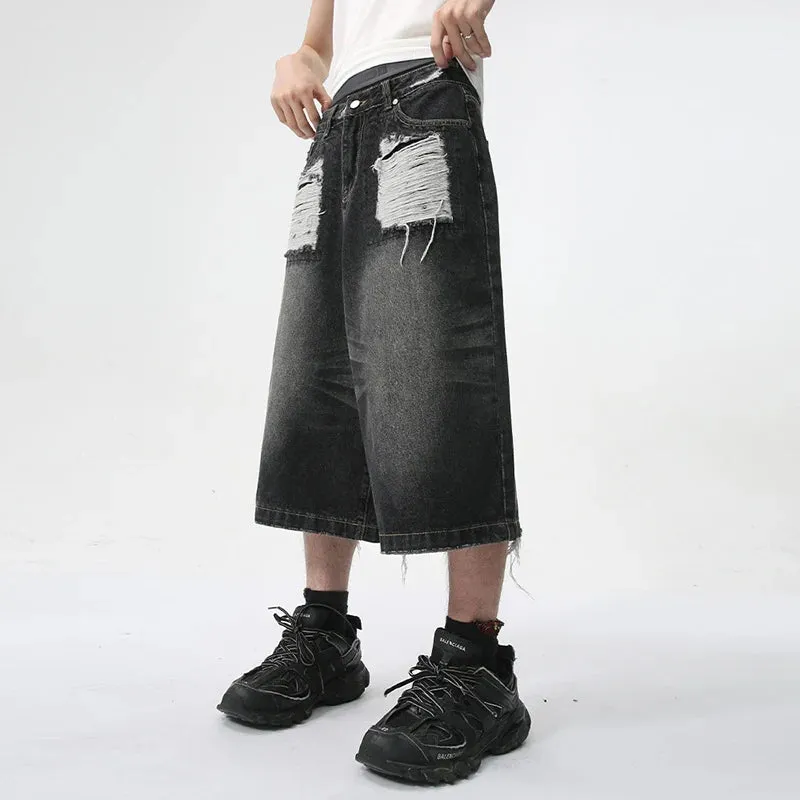 Men's Dark Denim Distressed Long Shorts