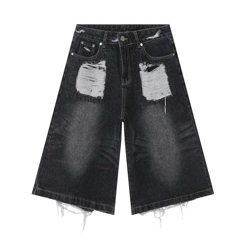 Men's Dark Denim Distressed Long Shorts