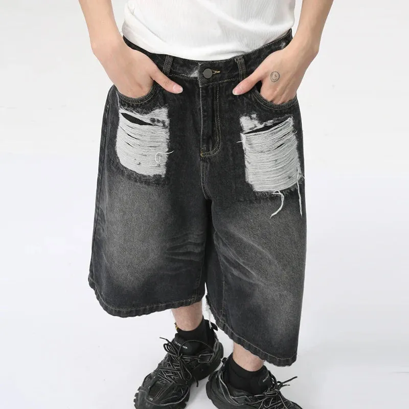 Men's Dark Denim Distressed Long Shorts