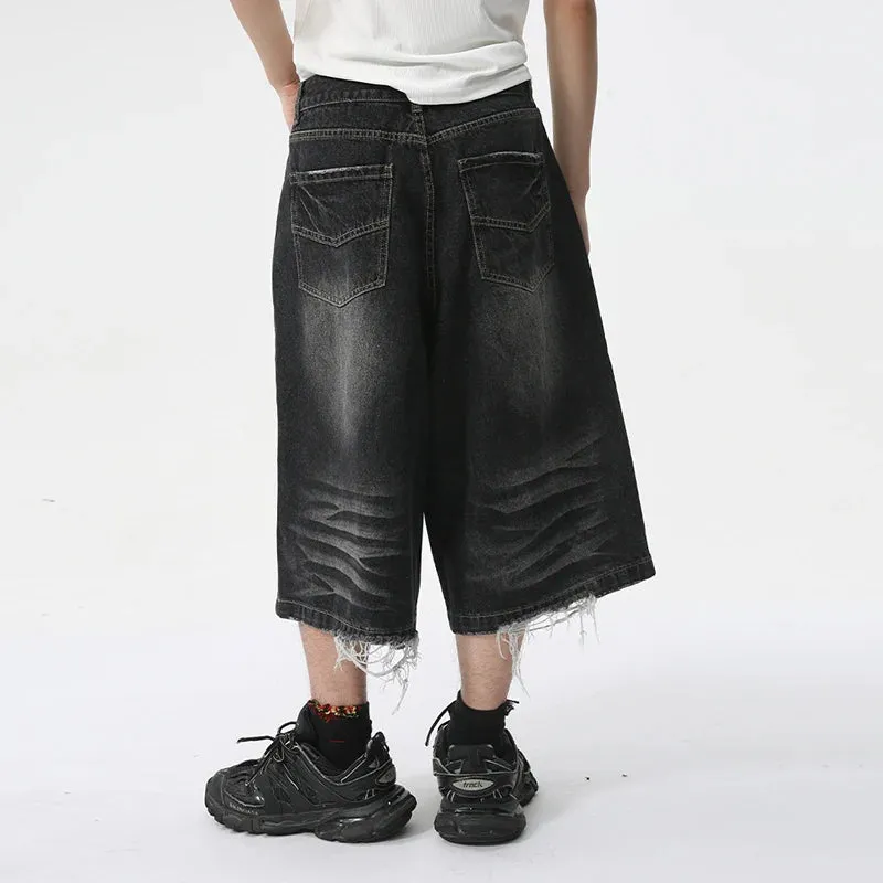 Men's Dark Denim Distressed Long Shorts