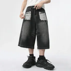 Men's Dark Denim Distressed Long Shorts