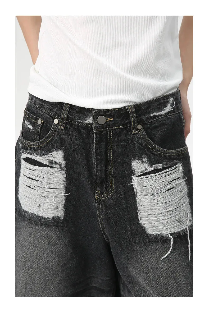 Men's Dark Denim Distressed Long Shorts