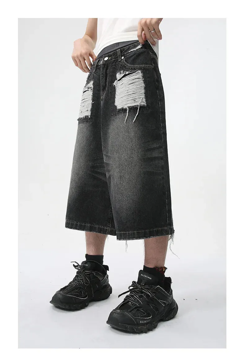 Men's Dark Denim Distressed Long Shorts