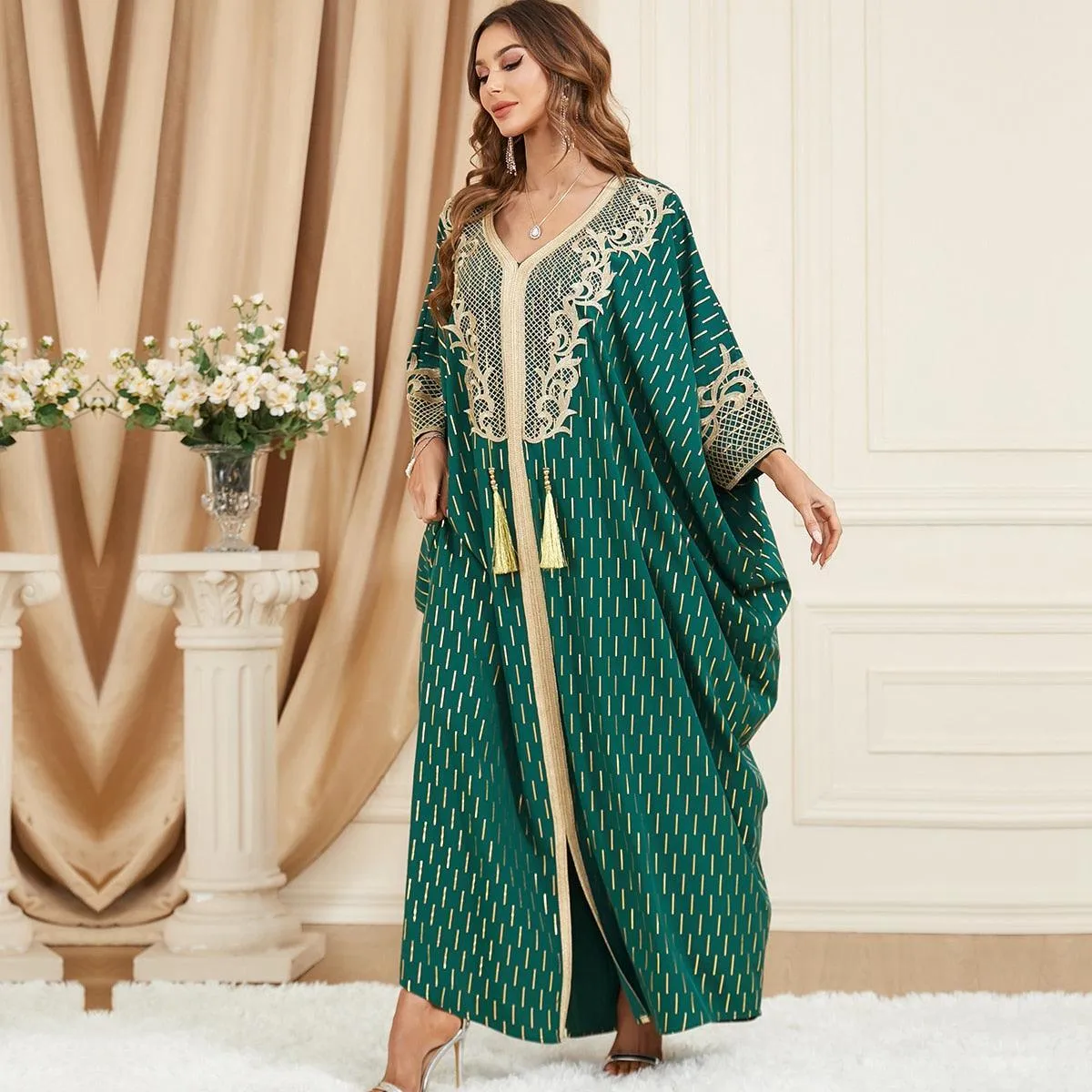 Muslim Tassel Batwing Sleeve Moroccan Kaftan for Eid