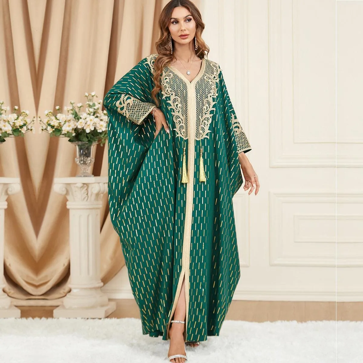 Muslim Tassel Batwing Sleeve Moroccan Kaftan for Eid