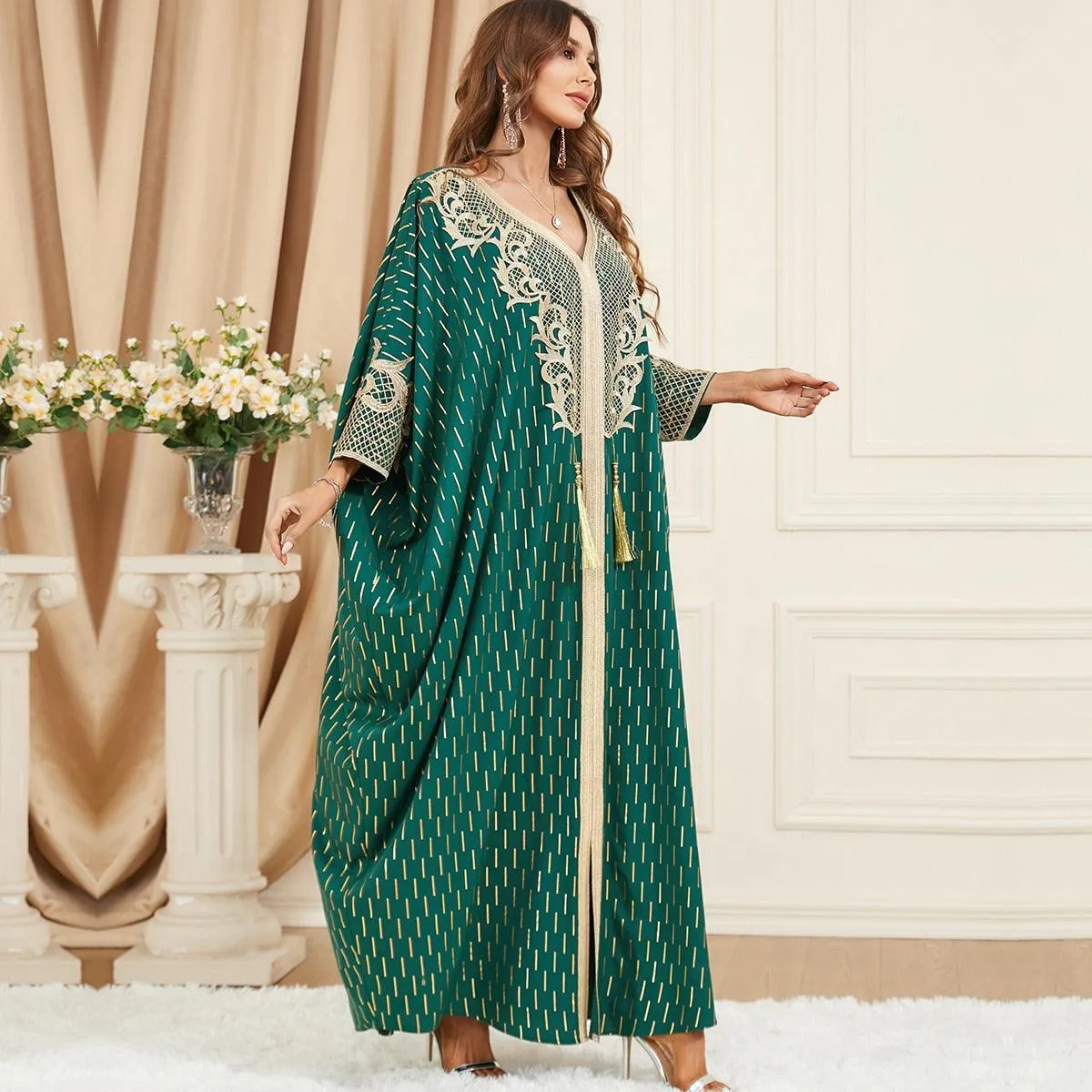 Muslim Tassel Batwing Sleeve Moroccan Kaftan for Eid