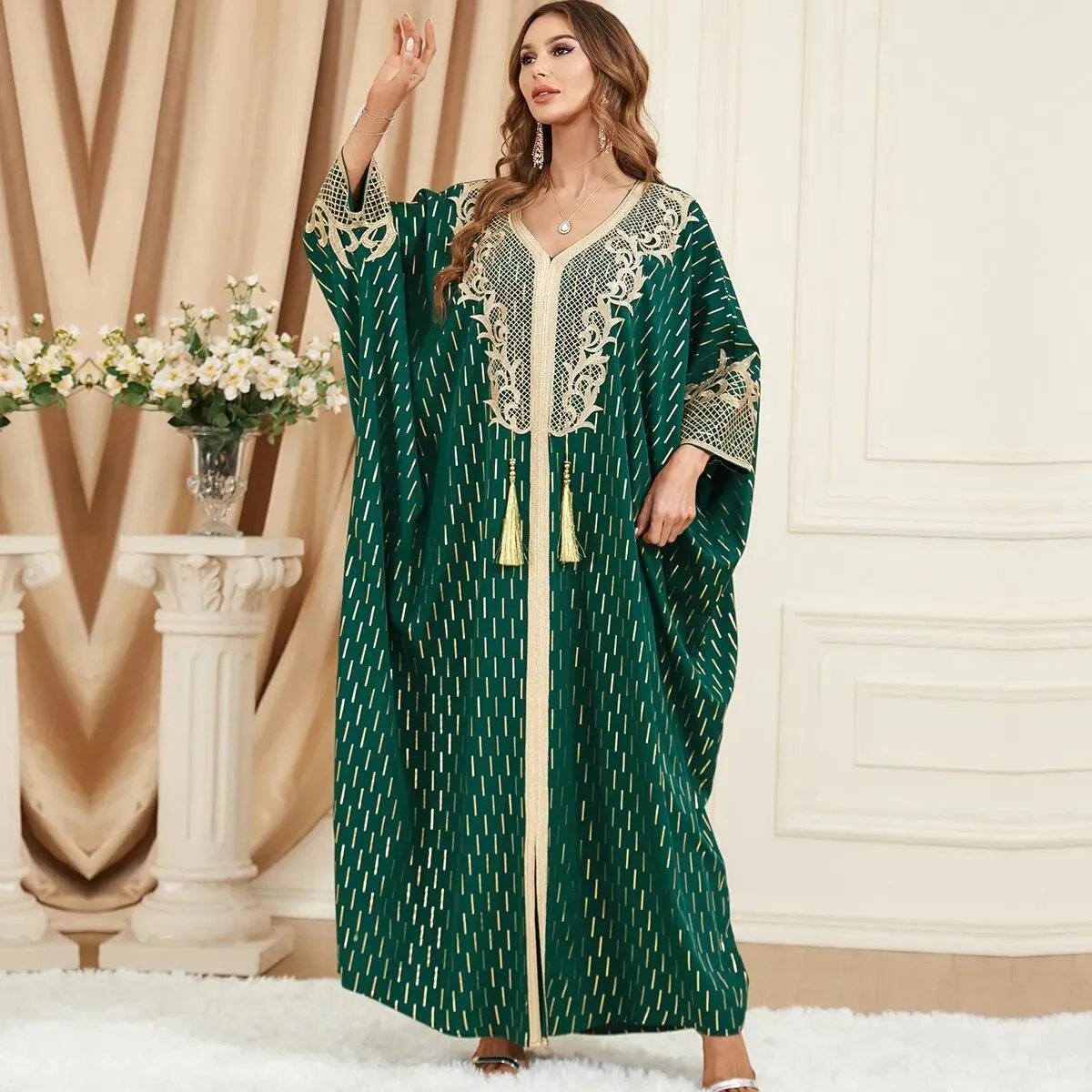 Muslim Tassel Batwing Sleeve Moroccan Kaftan for Eid