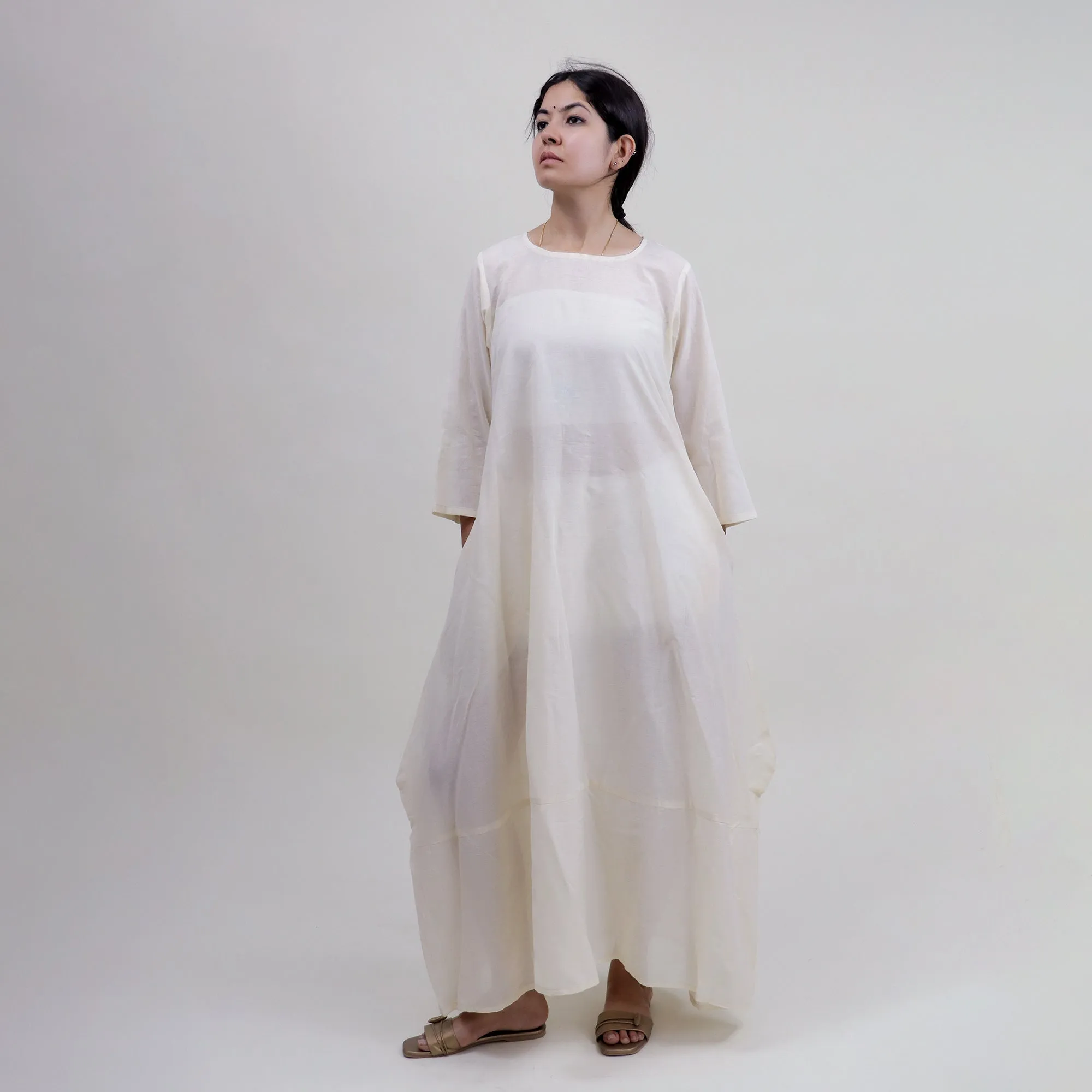 Off White Solid Round Neck Womens Kaftan Dress