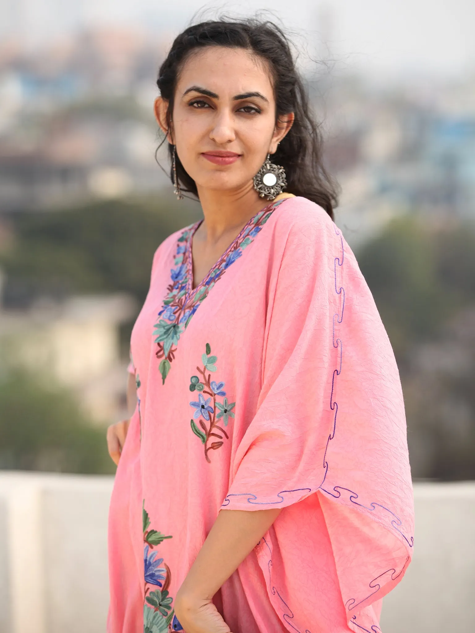 Pink Multicolor Aari Embroidered Kashmere Free Size Kaftan in Crushed Cotton - K11K073