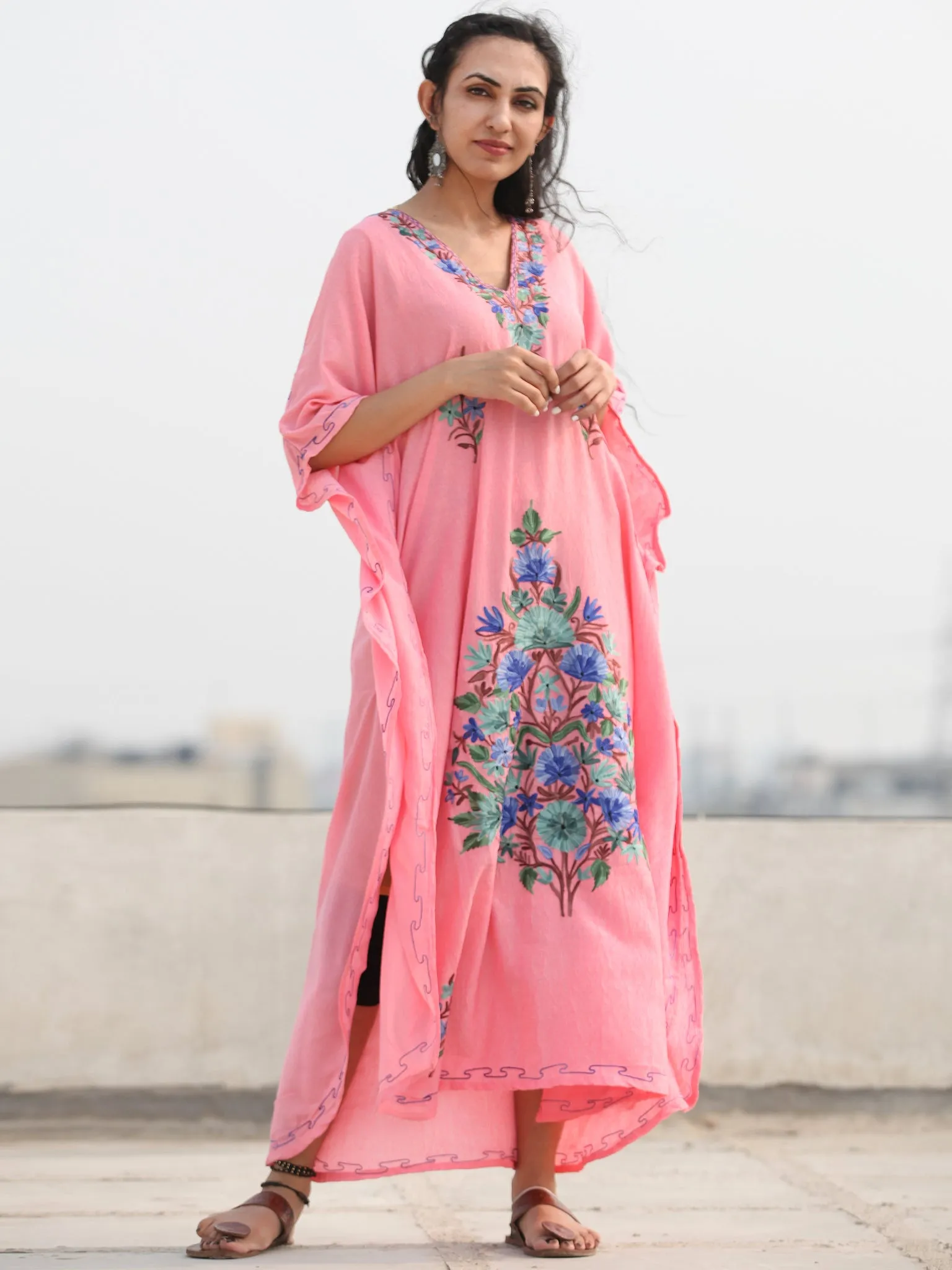 Pink Multicolor Aari Embroidered Kashmere Free Size Kaftan in Crushed Cotton - K11K073