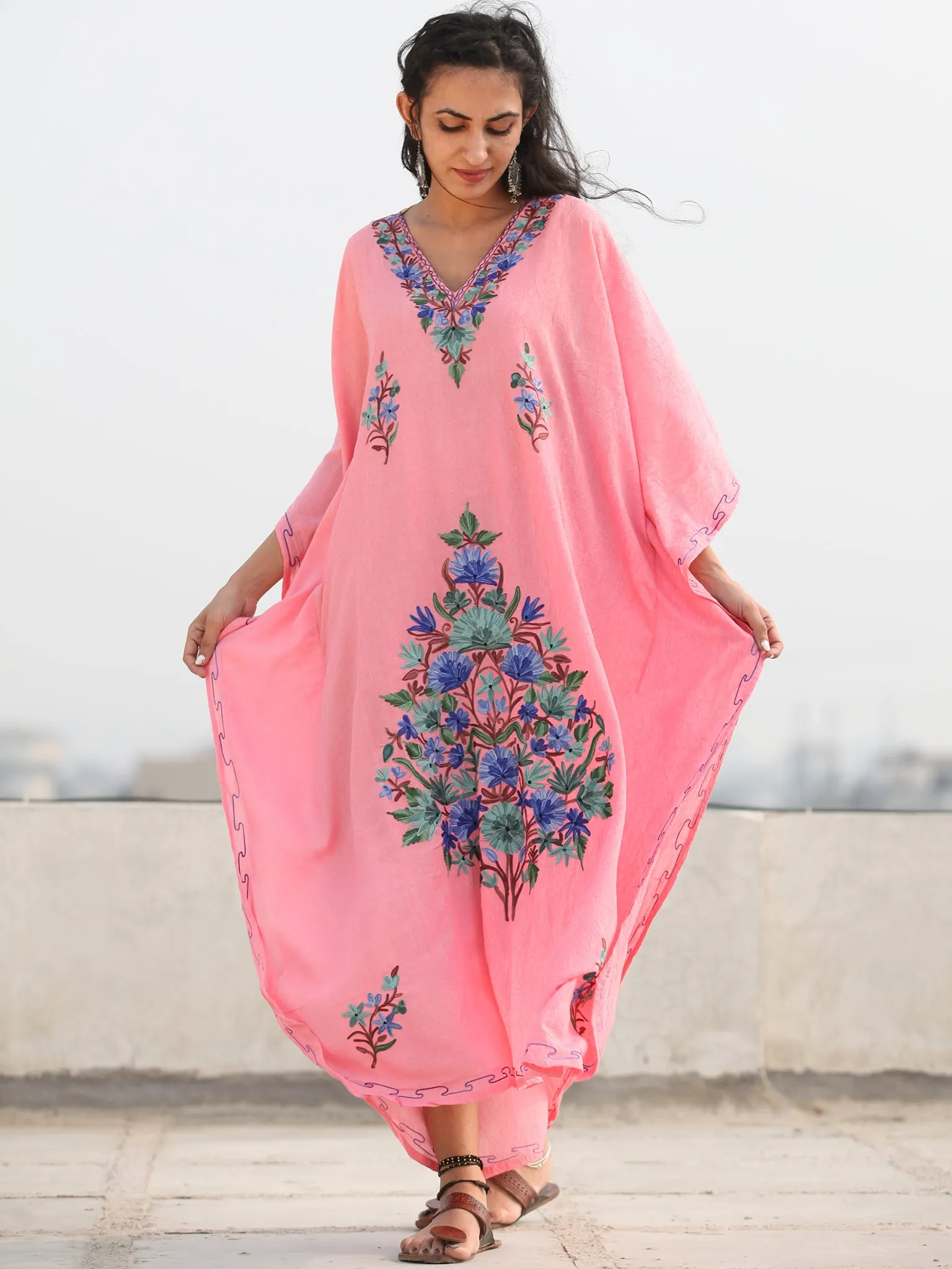 Pink Multicolor Aari Embroidered Kashmere Free Size Kaftan in Crushed Cotton - K11K073