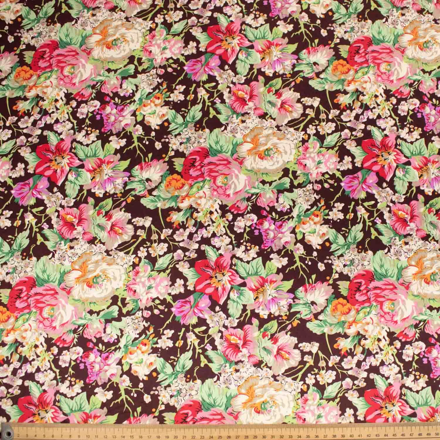 Printed Satin Pink & Cream Flower Blossom on Brown