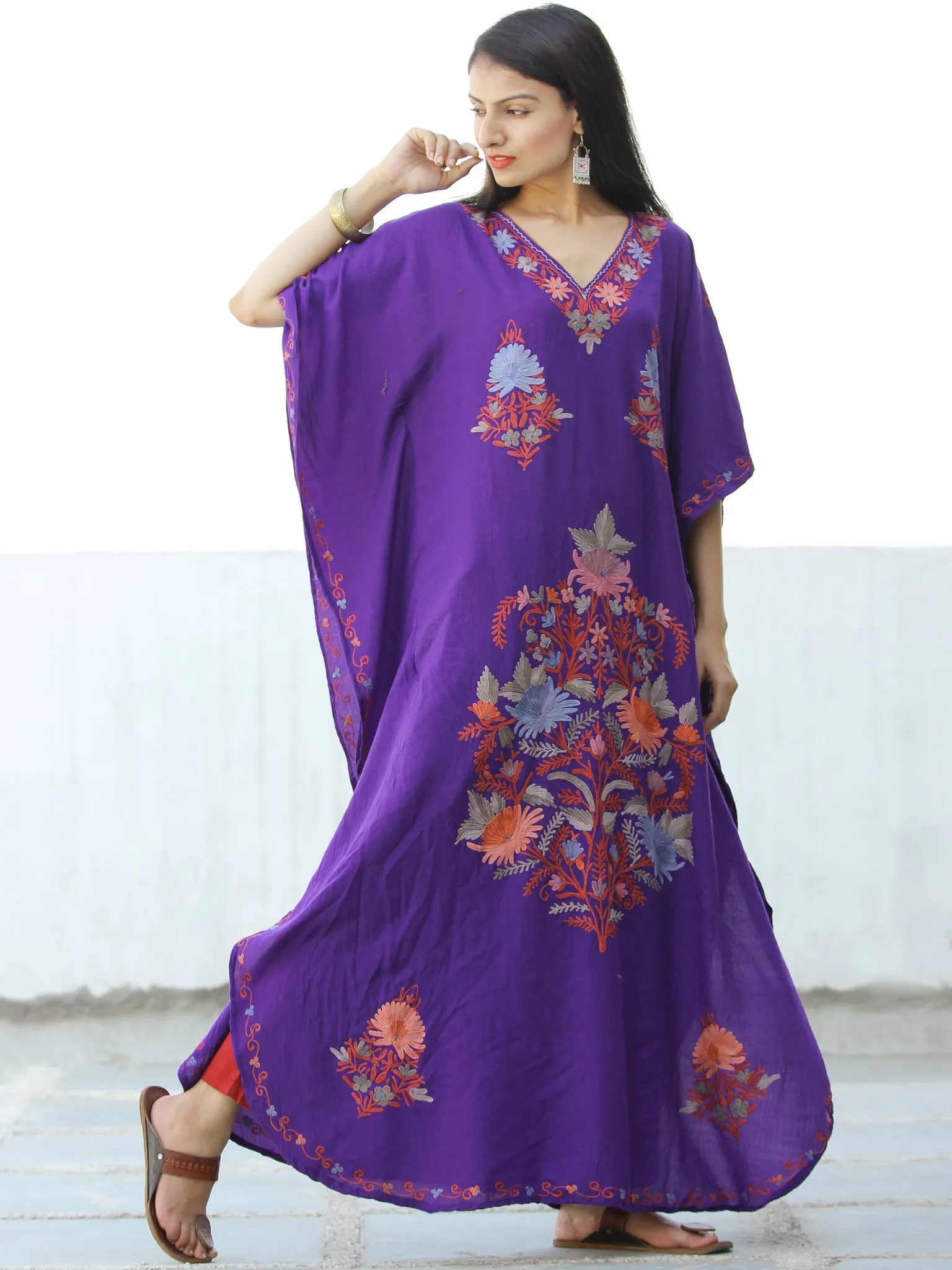 Purple Coral Pink Peach Aari Embroidered Kashmere Free Size Kaftan in Crushed Cotton - K11K062