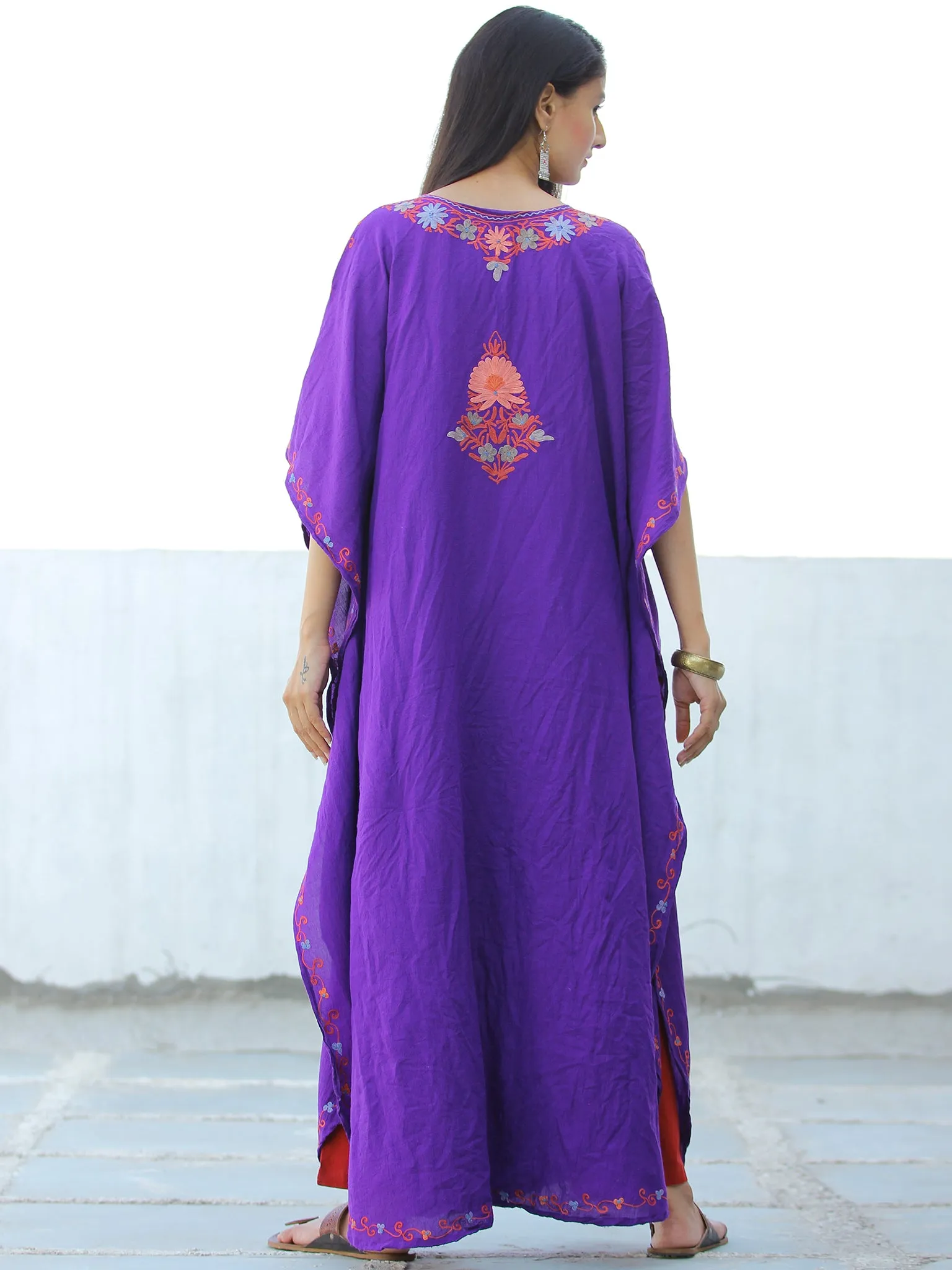 Purple Coral Pink Peach Aari Embroidered Kashmere Free Size Kaftan in Crushed Cotton - K11K062