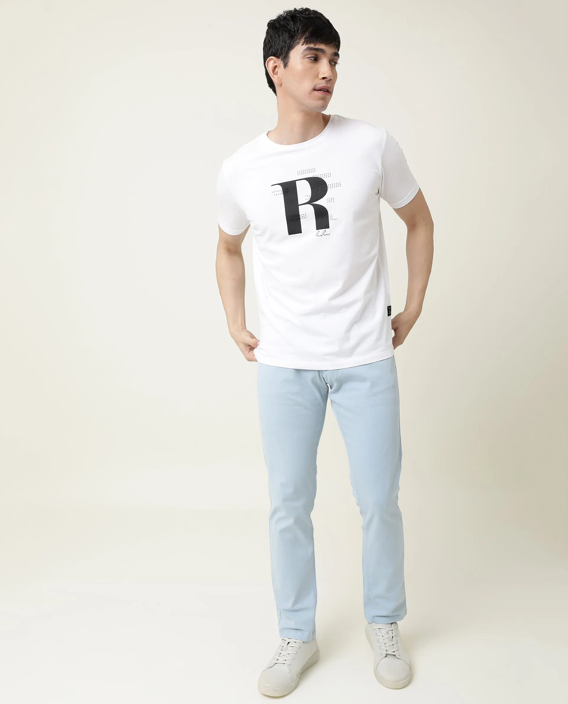 Rare Rabbit Men's Nam White Crew Neck Graphic Printed Logo Half Sleeves Slim Fit T-Shirt