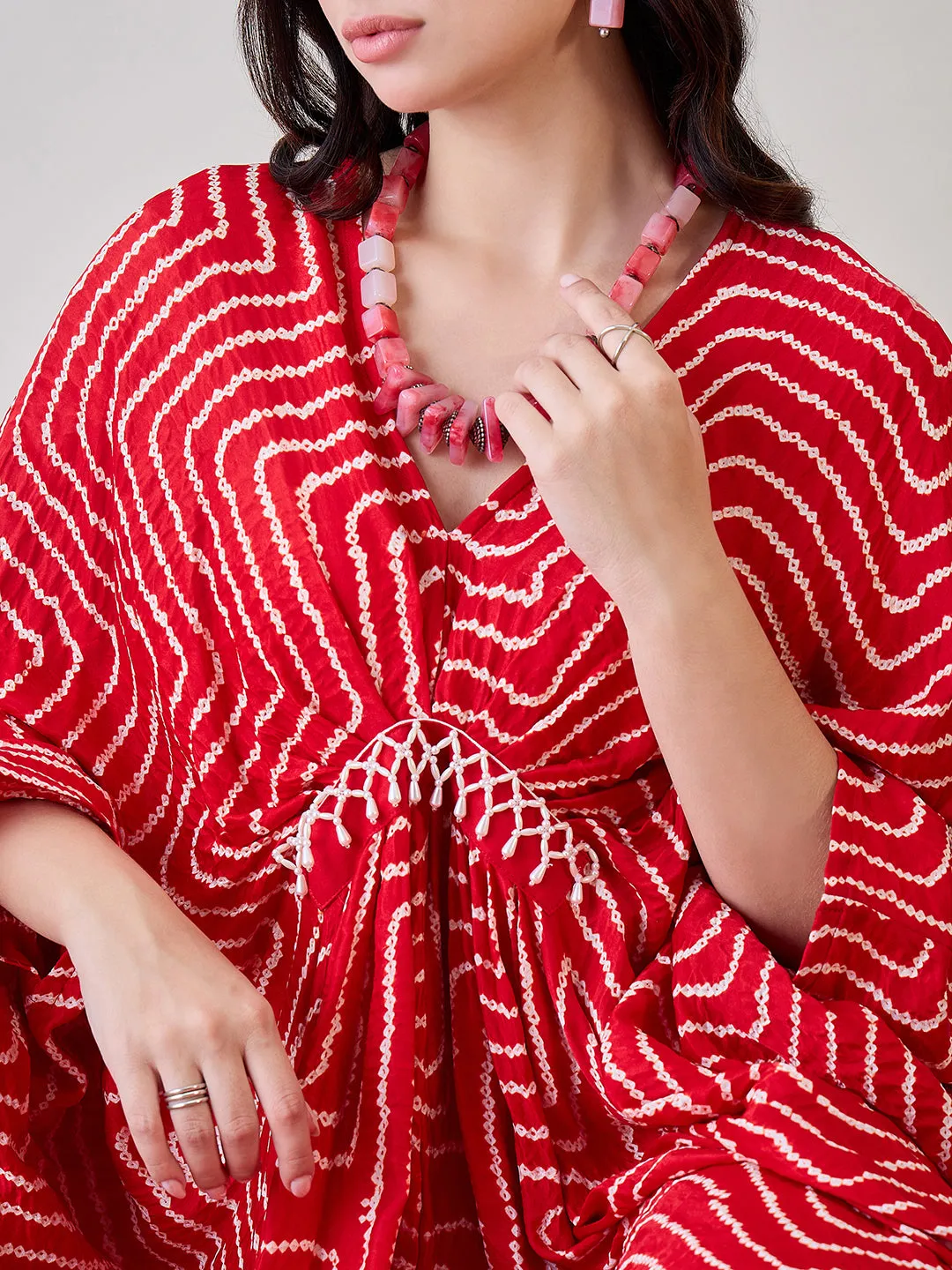 Red Pure Silk Freesize Bandhani Kaftan with Pearls