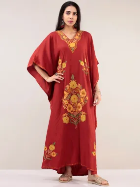 Red Yellow Aari Embroidered Kashmere Free Size Kaftan  - K12K024