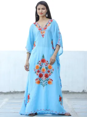 Sky Blue Red Aari Embroidered Kashmere Free Size Kaftan in Crushed Cotton - K11K057