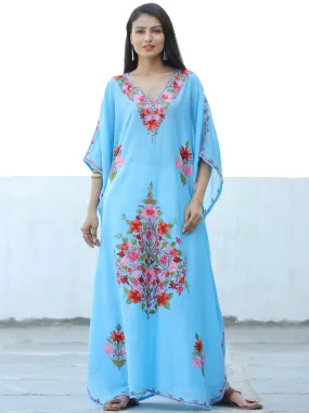 Sky Blue Red  Aari Embroidered Kashmere Free Size Kaftan in Crushed Cotton - K11K060